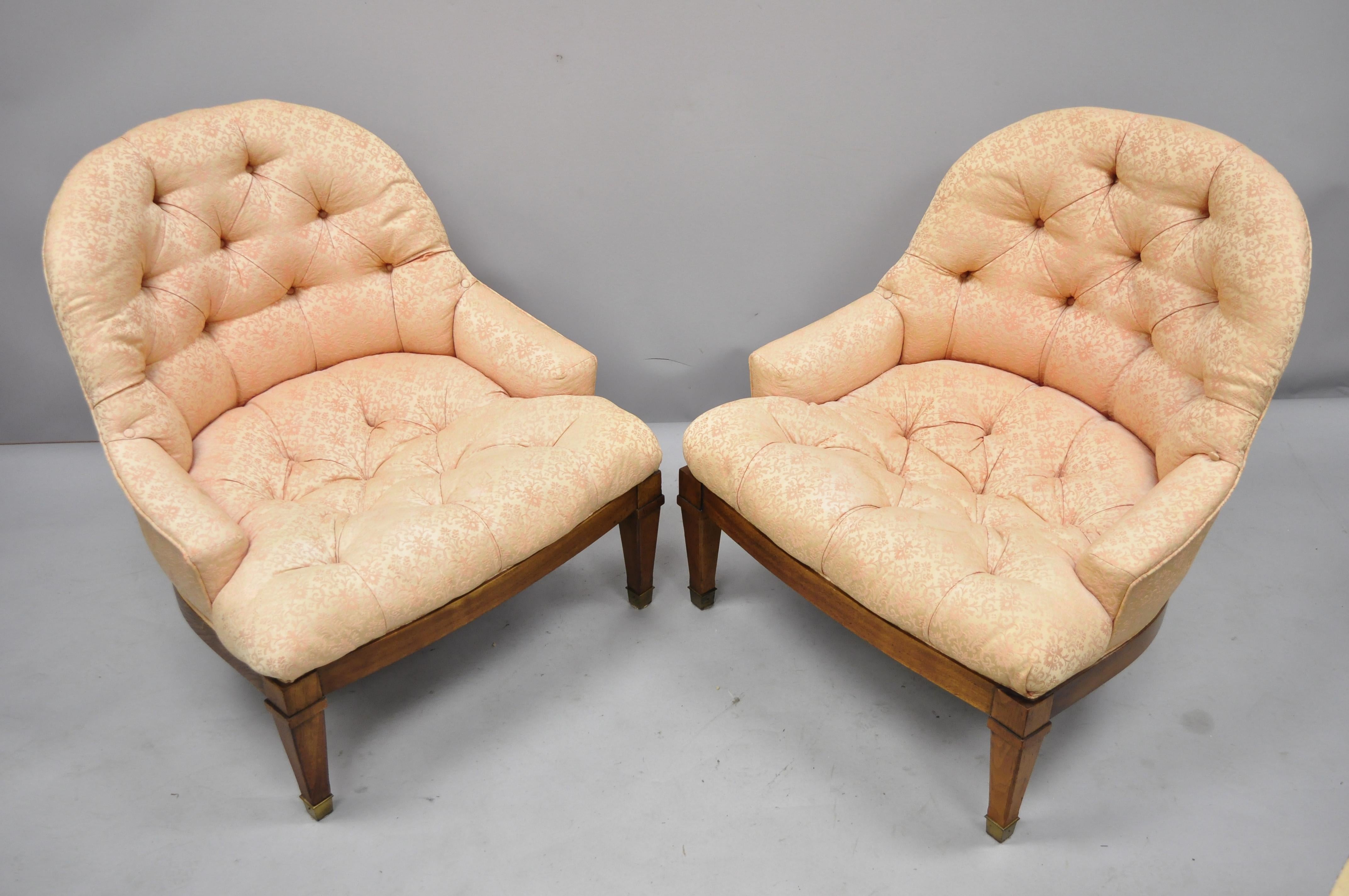 Hollywood Regency Pair of Baker Tufted Barrel Back Slipper Salon Lounge Chairs Brass Feet
