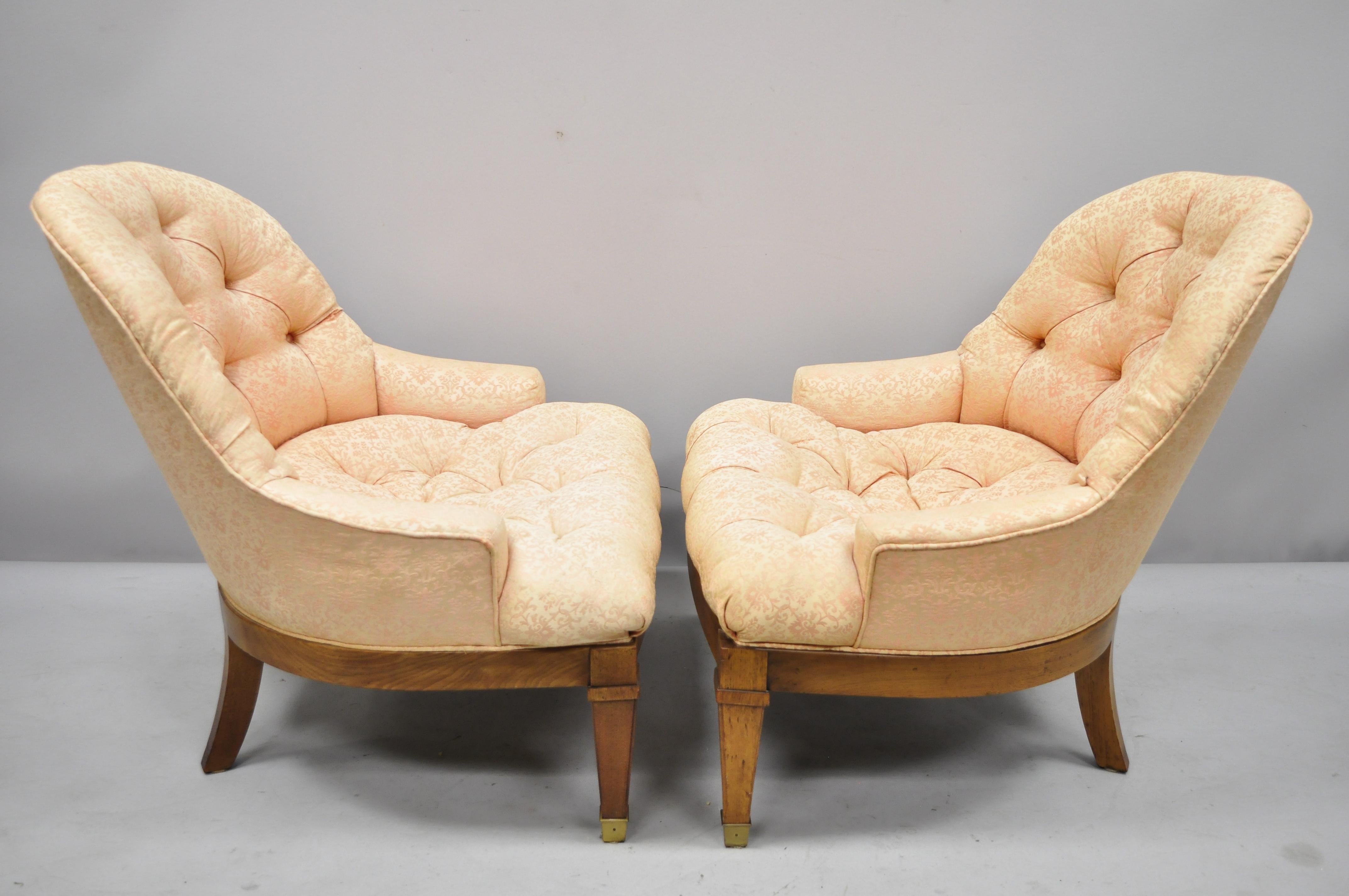 Pair of Baker Tufted Barrel Back Slipper Salon Lounge Chairs Brass Feet In Good Condition In Philadelphia, PA