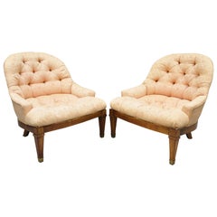 Pair of Baker Tufted Barrel Back Slipper Salon Lounge Chairs Brass Feet