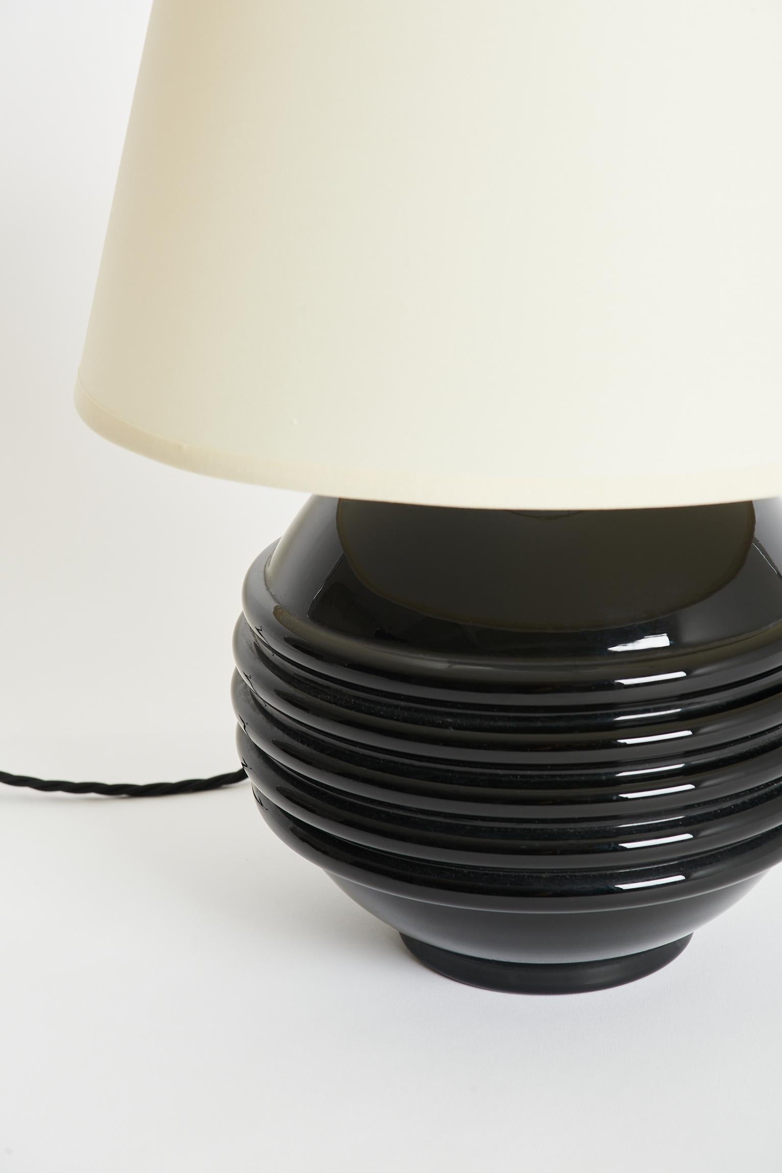 Art Deco Pair of Black Glass Table Lamps by Jacques Adnet