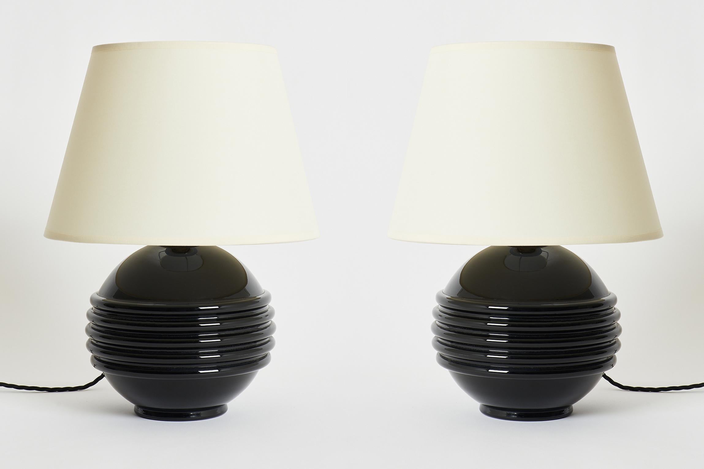 Pair of Black Glass Table Lamps by Jacques Adnet 1
