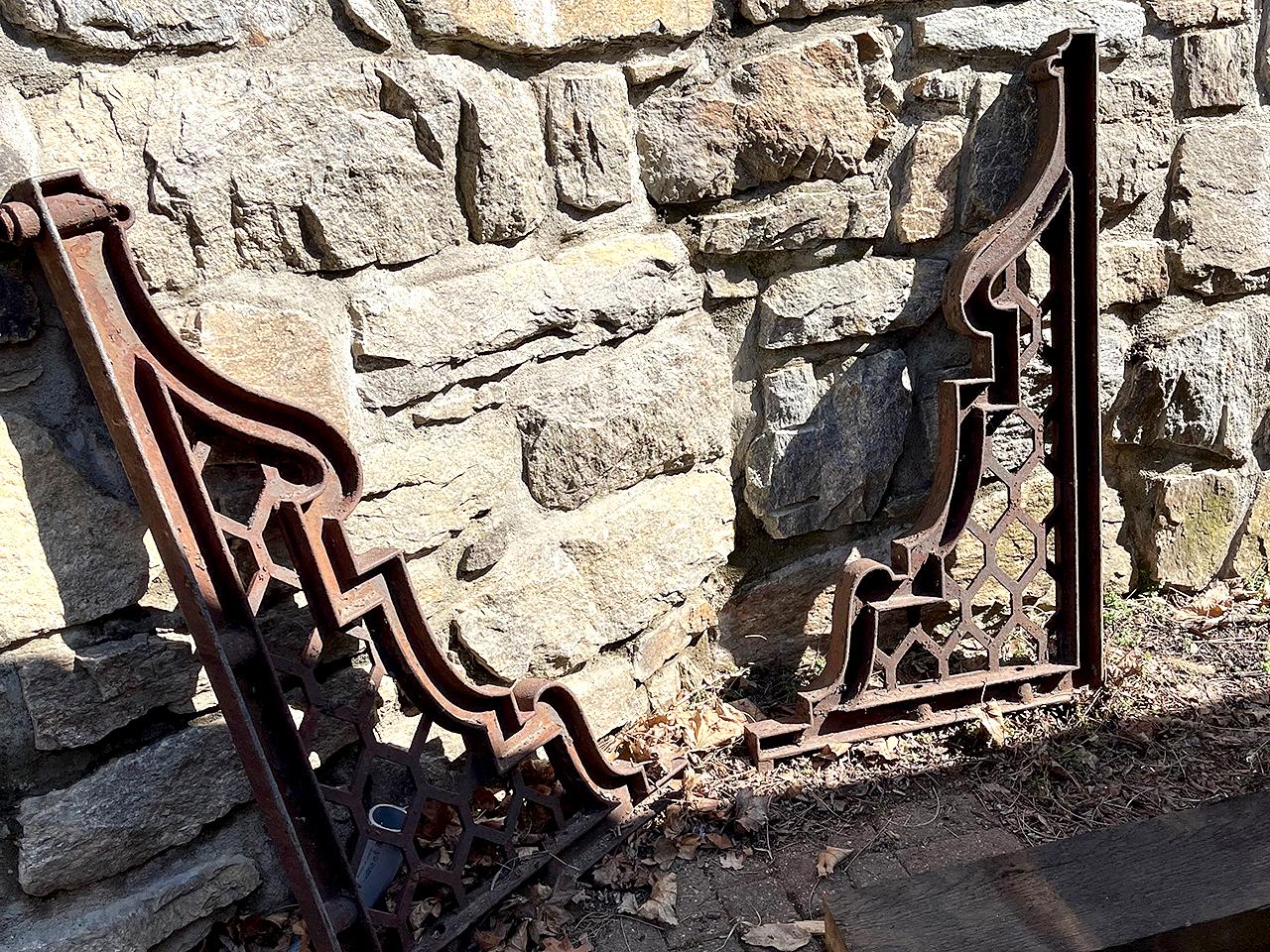 This is an interesting and decorative pair of building brackets. They are heavy and perfect holding a stair platform, awning or balcony.