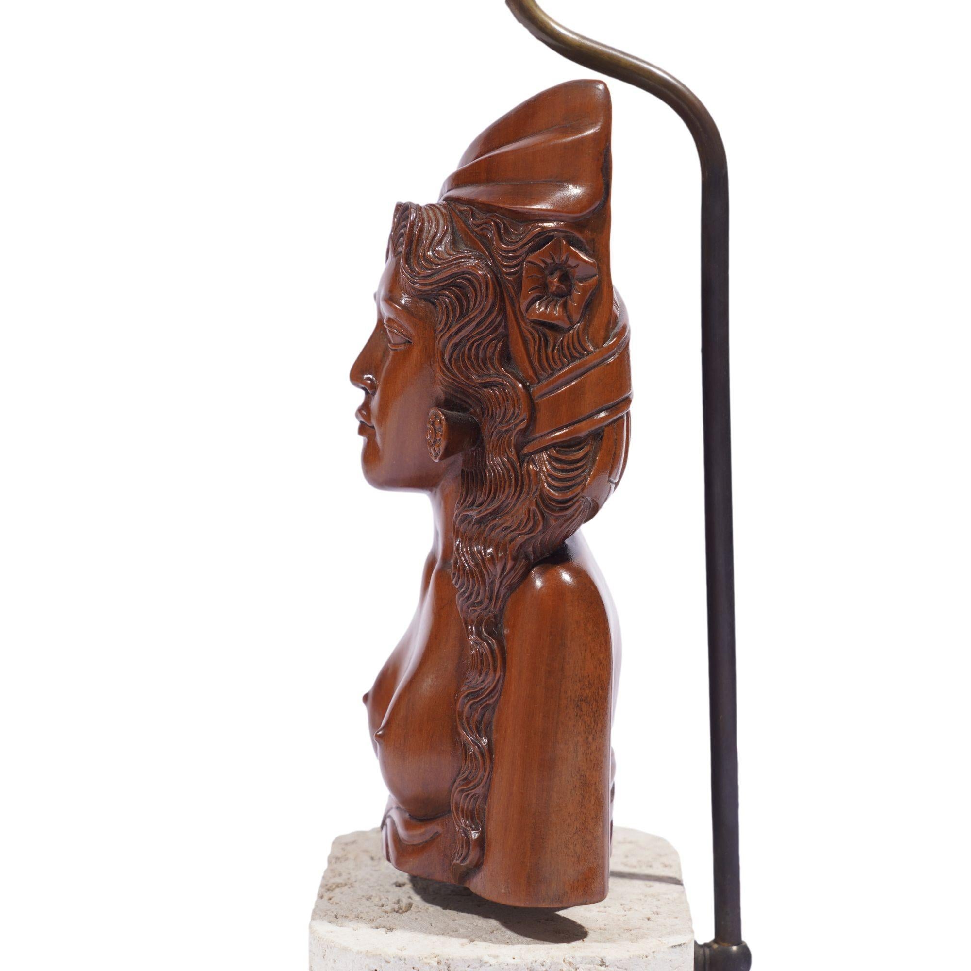 Pair of Balinese carved bust lamps mounted on cut coral bases, c. 1920-40 For Sale 5