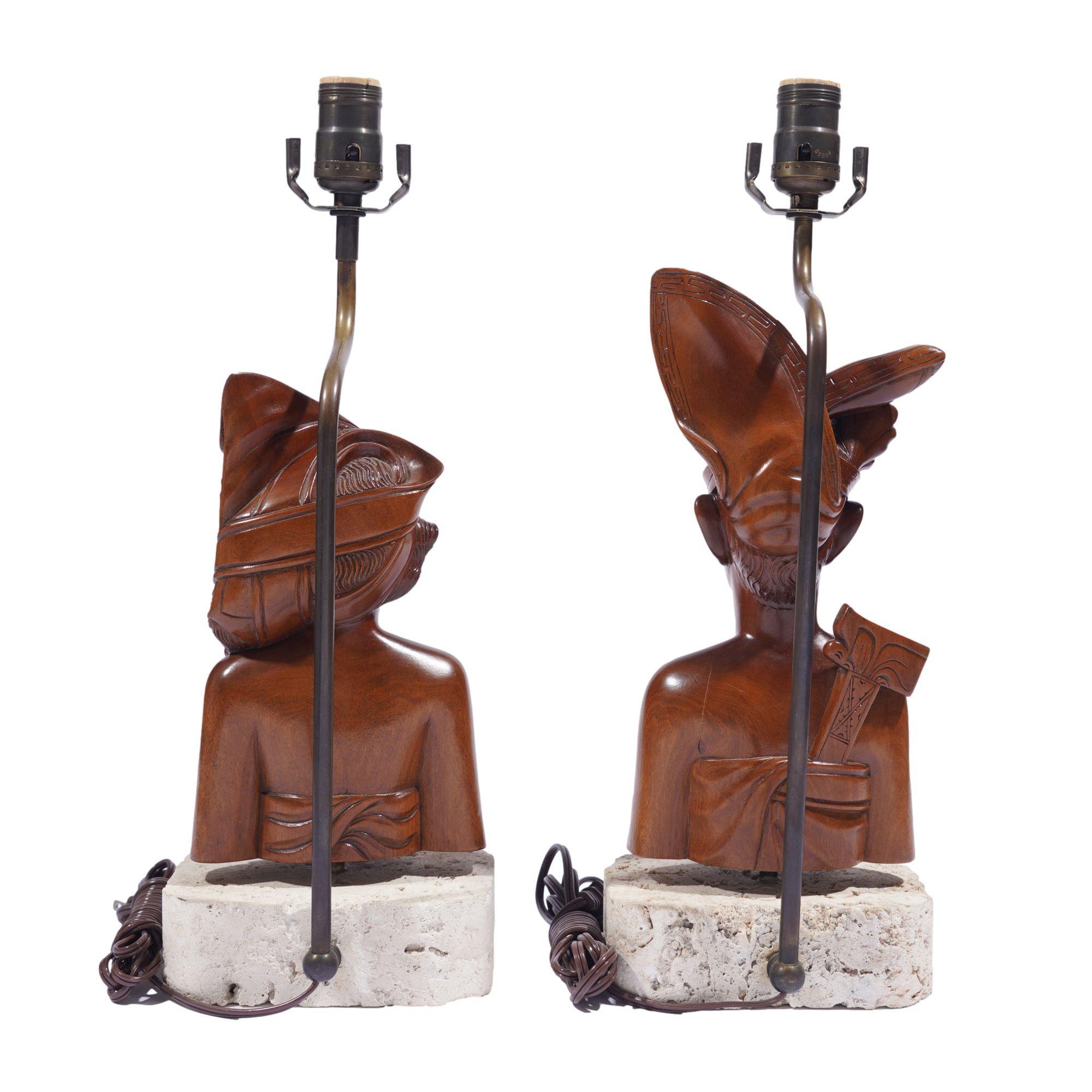Pair of Balinese carved bust lamps mounted on cut coral bases, c. 1920-40 In Excellent Condition For Sale In Kenilworth, IL