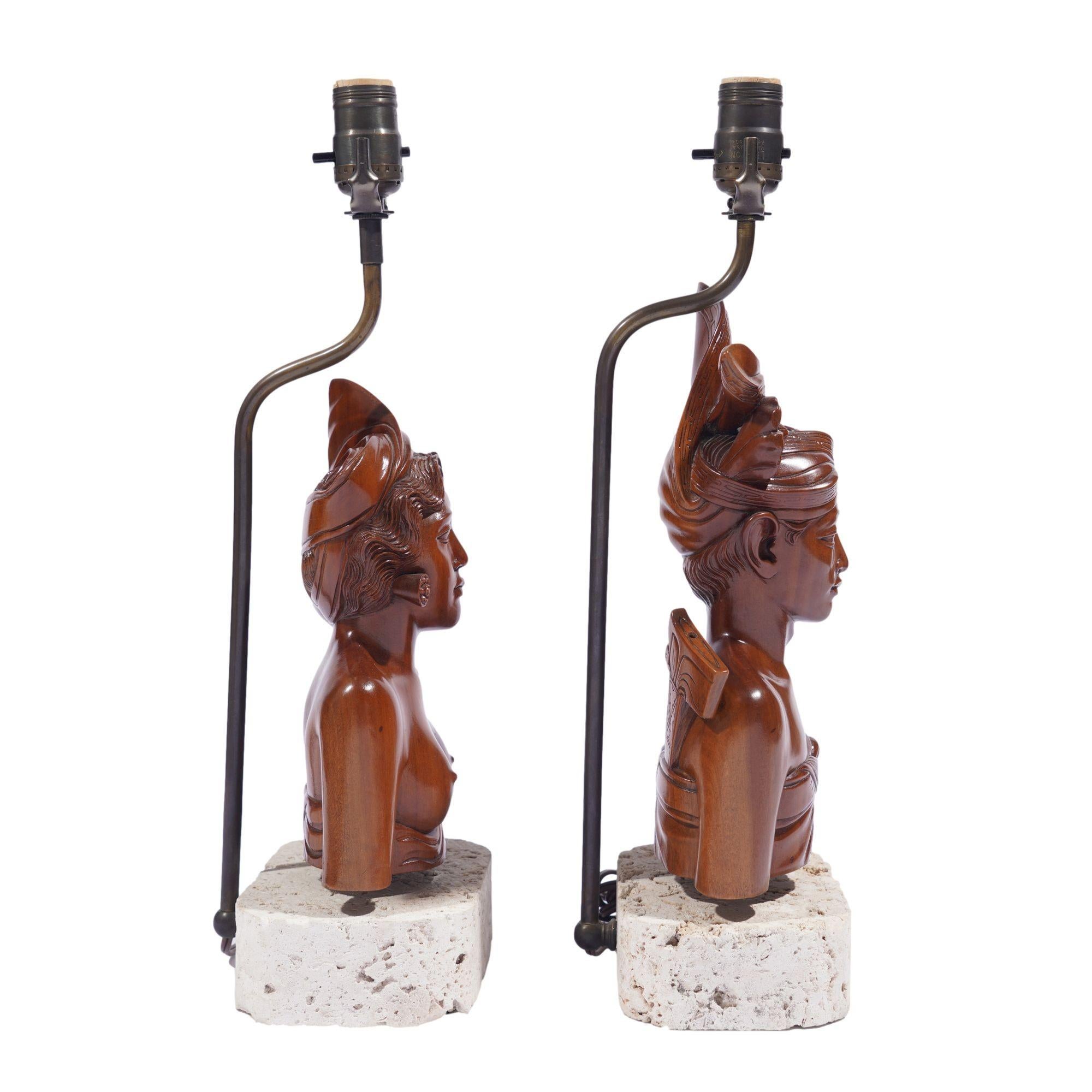 Coral Pair of Balinese carved bust lamps mounted on cut coral bases, c. 1920-40 For Sale