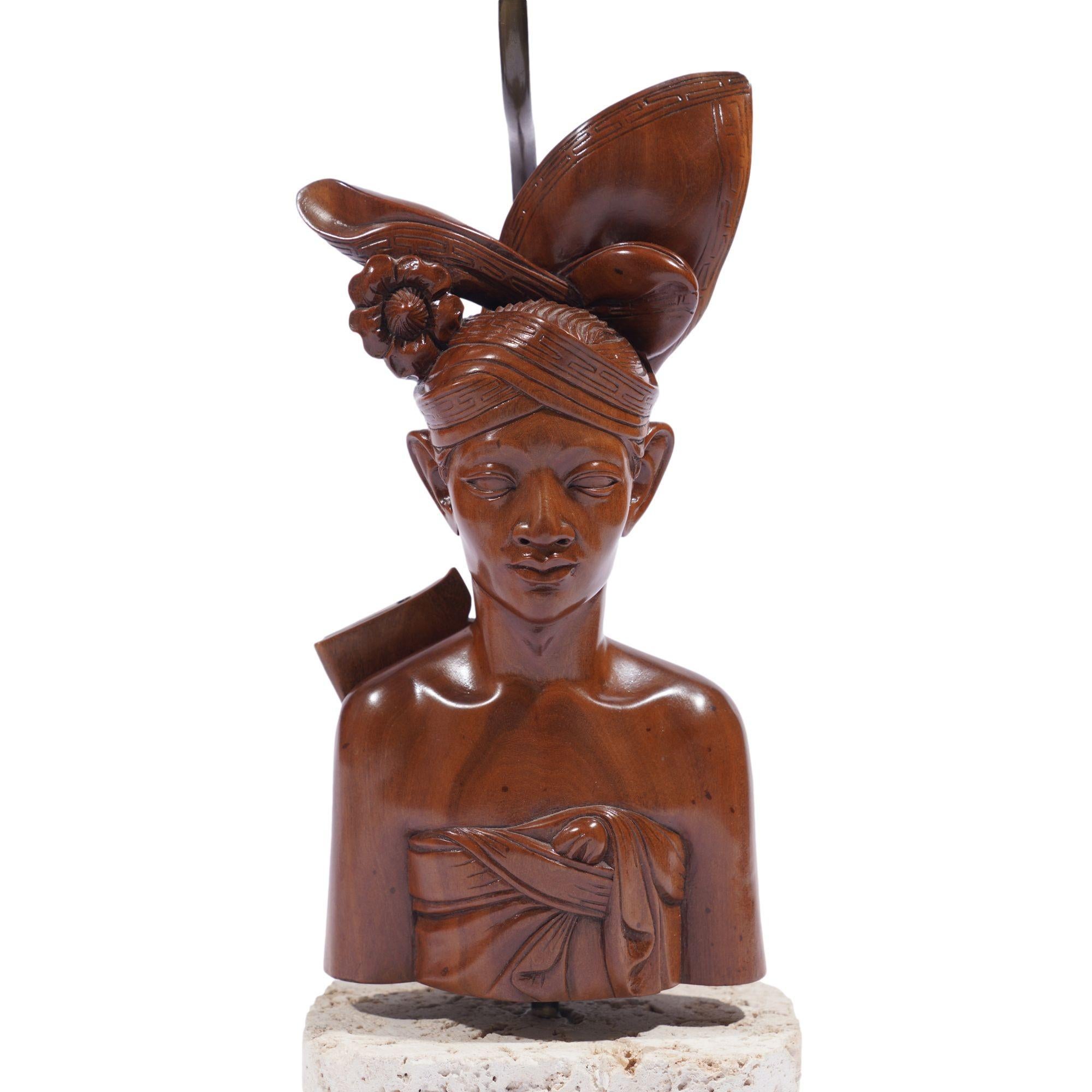 Pair of Balinese carved bust lamps mounted on cut coral bases, c. 1920-40 For Sale 1