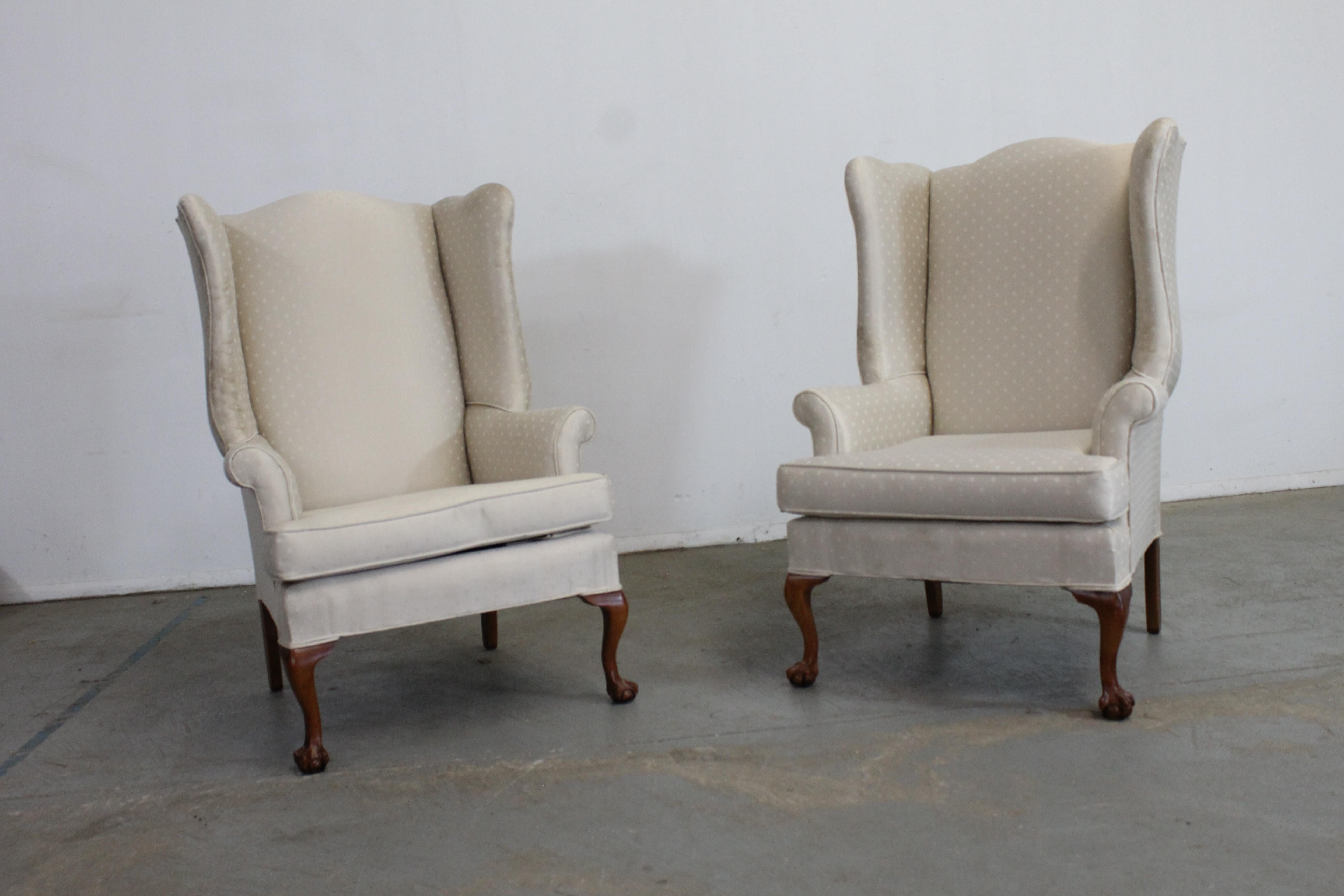 Pair of Ball and Claw Fireside Wingback Chairs by Thomasville 1