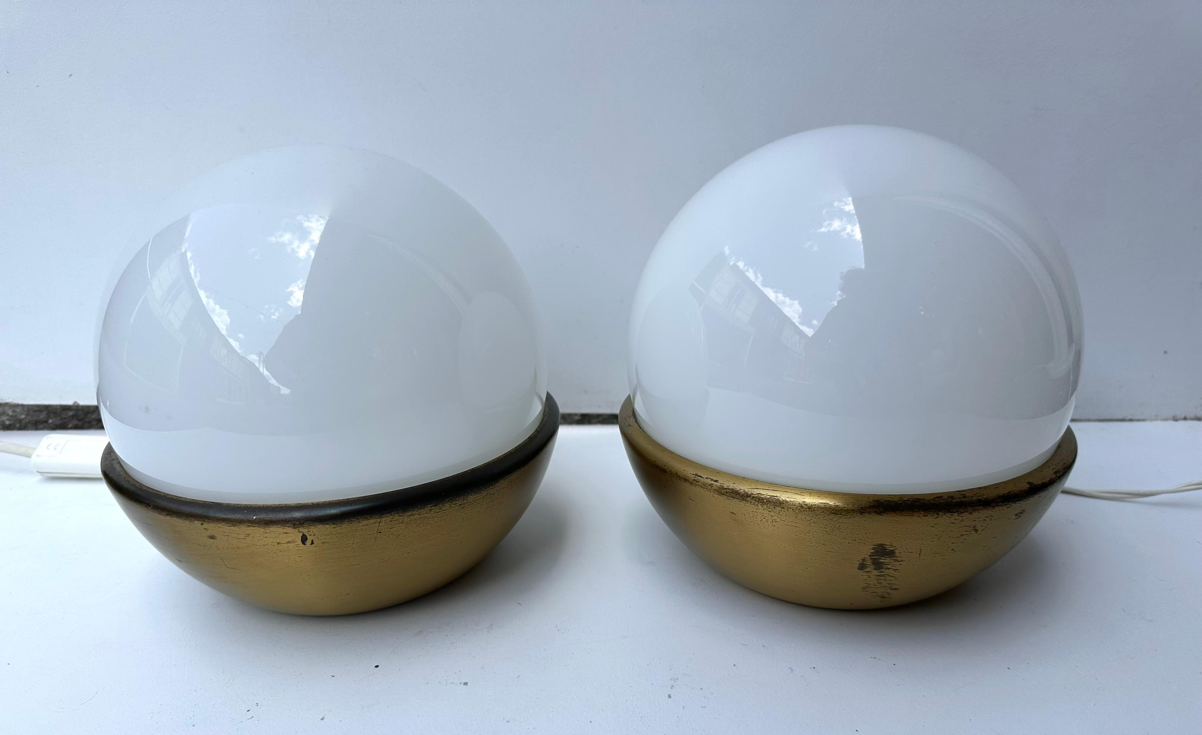 Pair of Ball Lamps Brass and Opaline Murano Glass.  Italy, 1970s For Sale 6