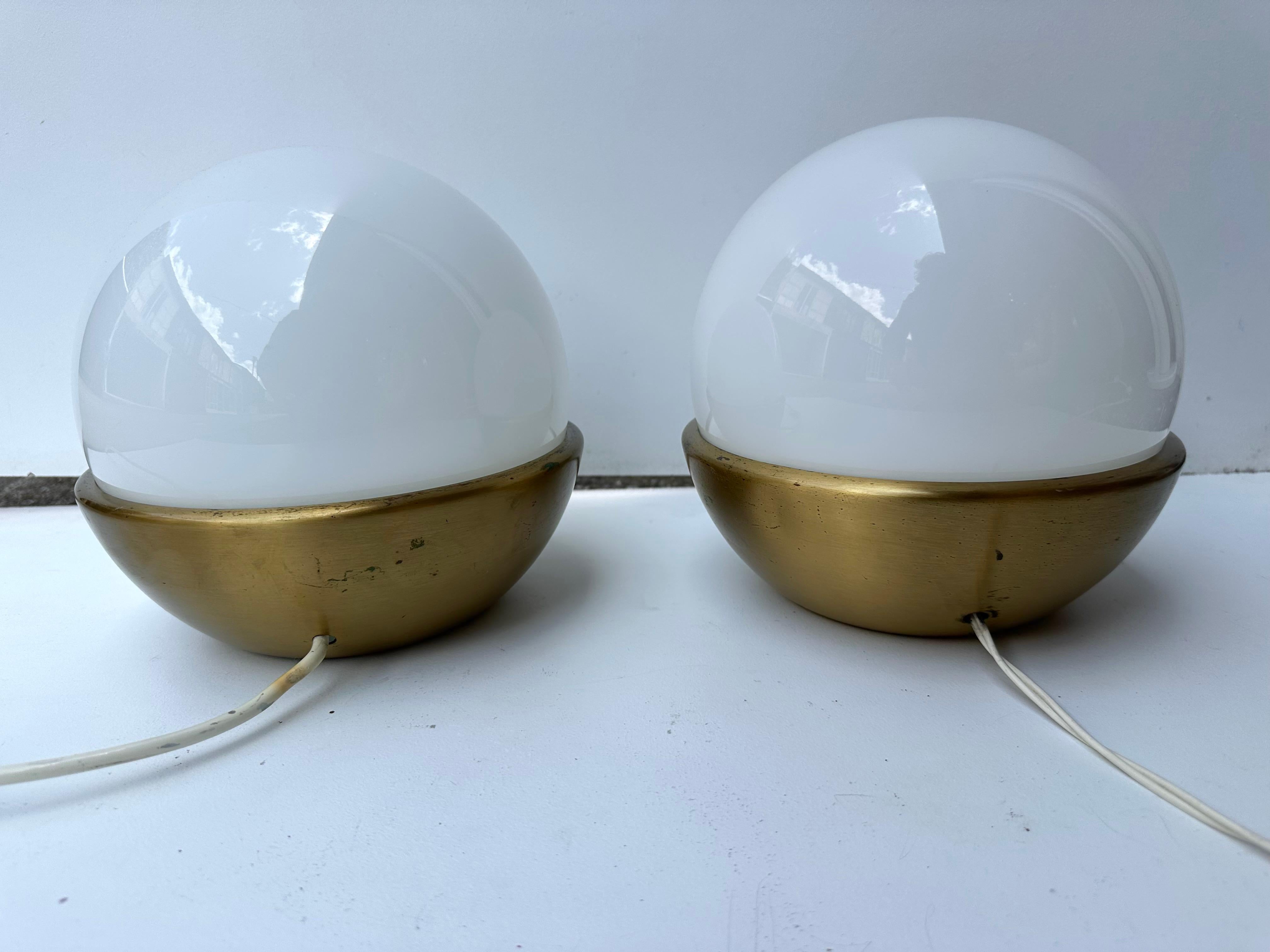 Late 20th Century Pair of Ball Lamps Brass and Opaline Murano Glass.  Italy, 1970s For Sale