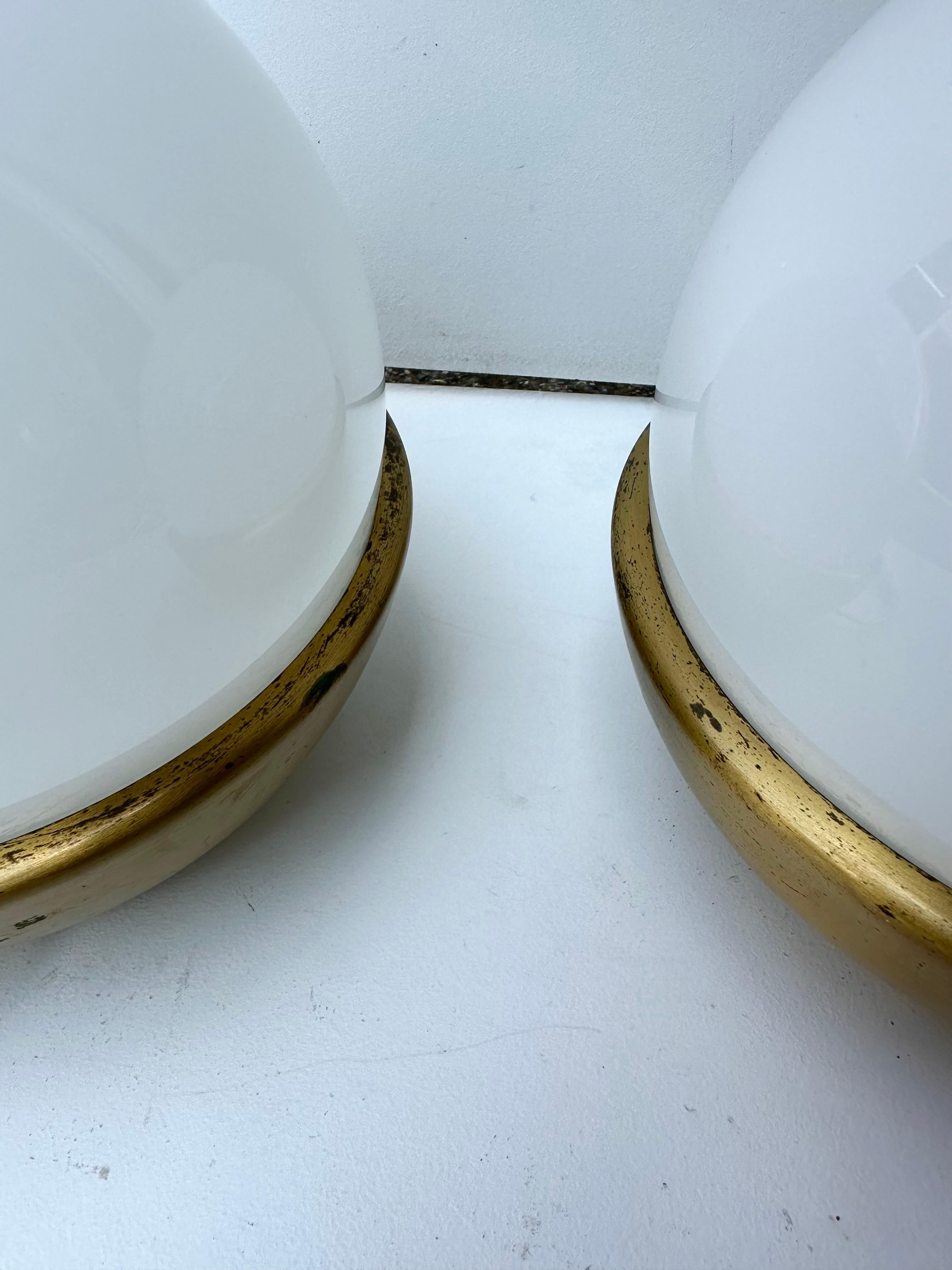 Pair of Ball Lamps Brass and Opaline Murano Glass.  Italy, 1970s For Sale 1
