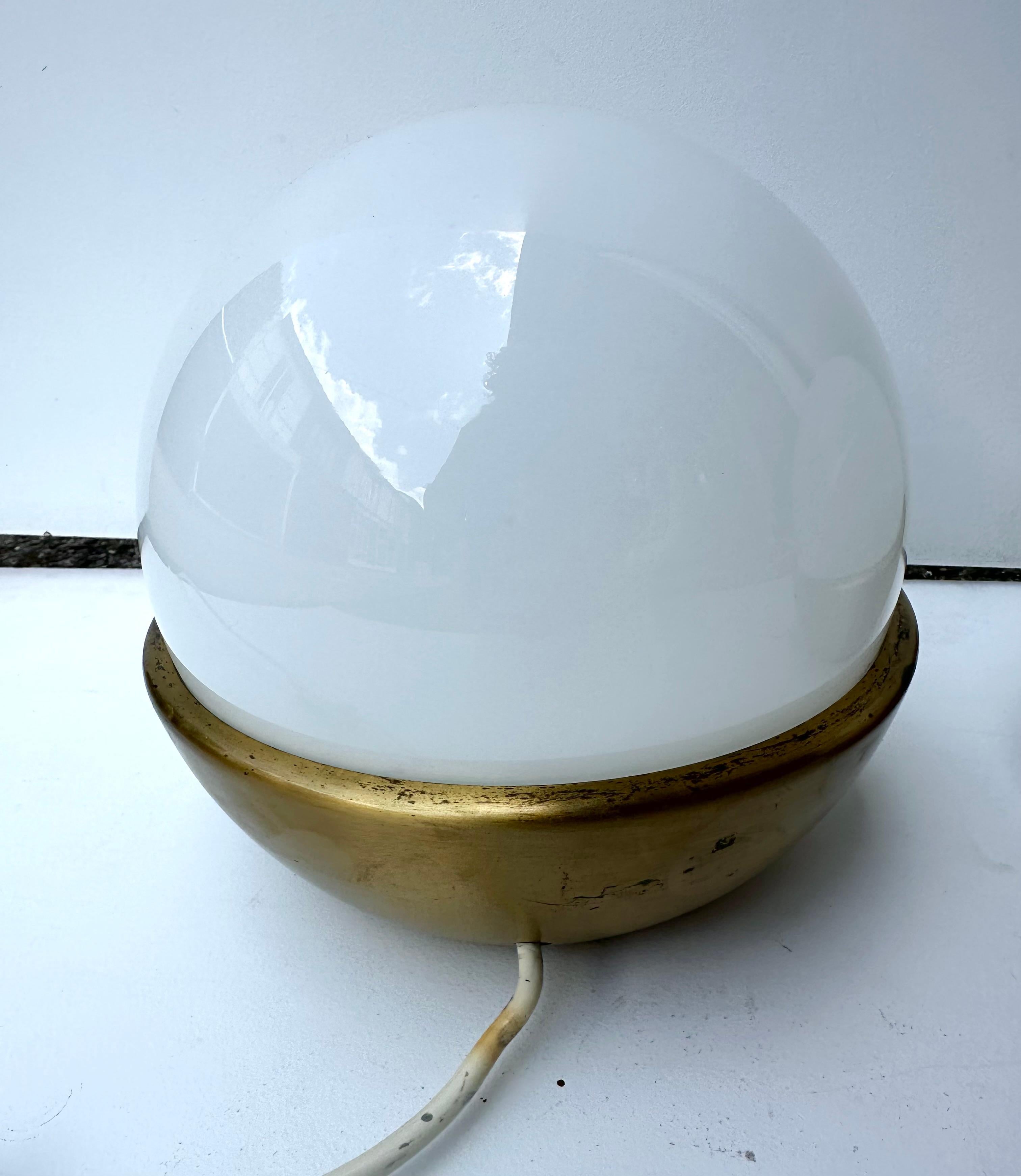 Pair of Ball Lamps Brass and Opaline Murano Glass.  Italy, 1970s For Sale 2