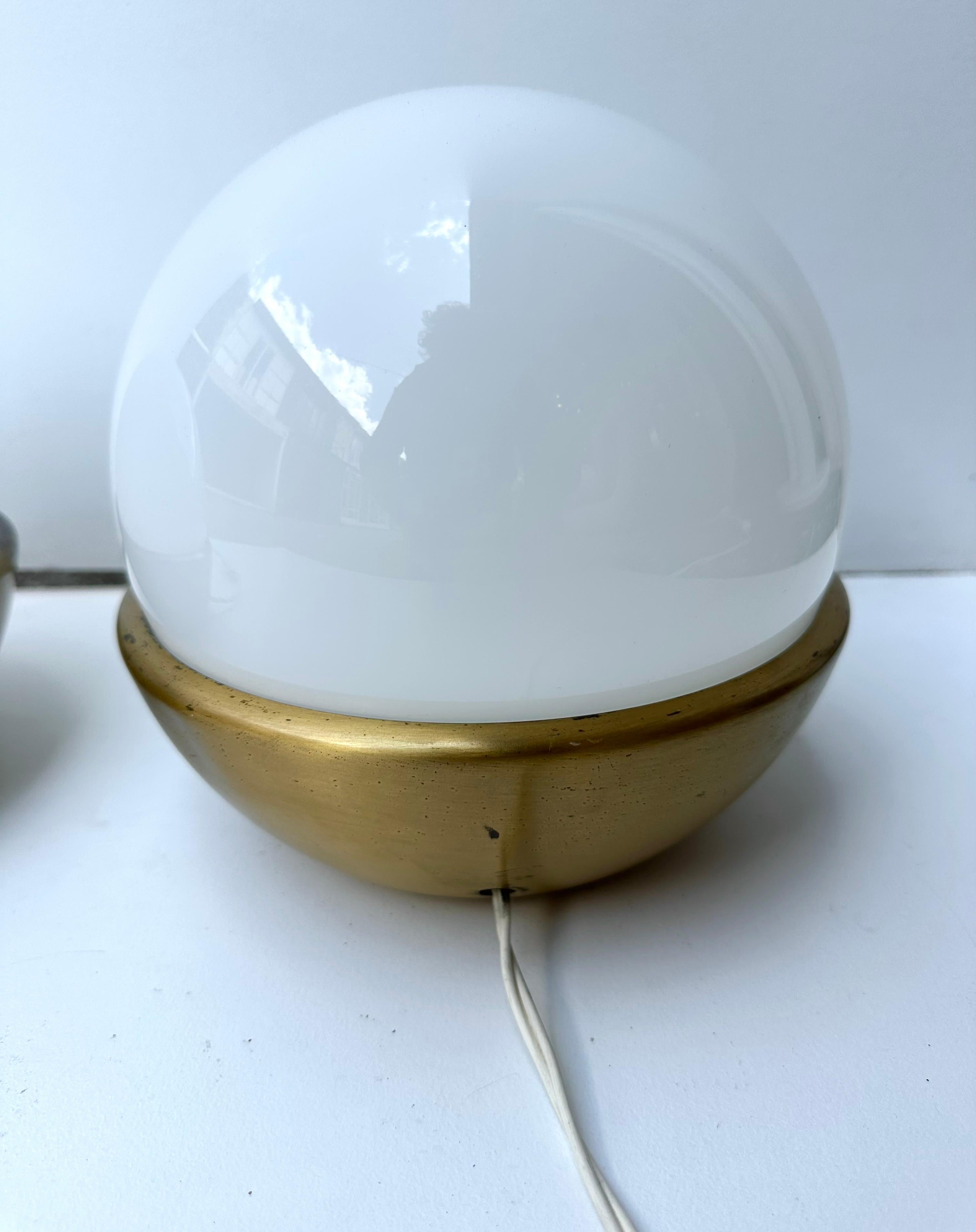 Pair of Ball Lamps Brass and Opaline Murano Glass.  Italy, 1970s For Sale 3