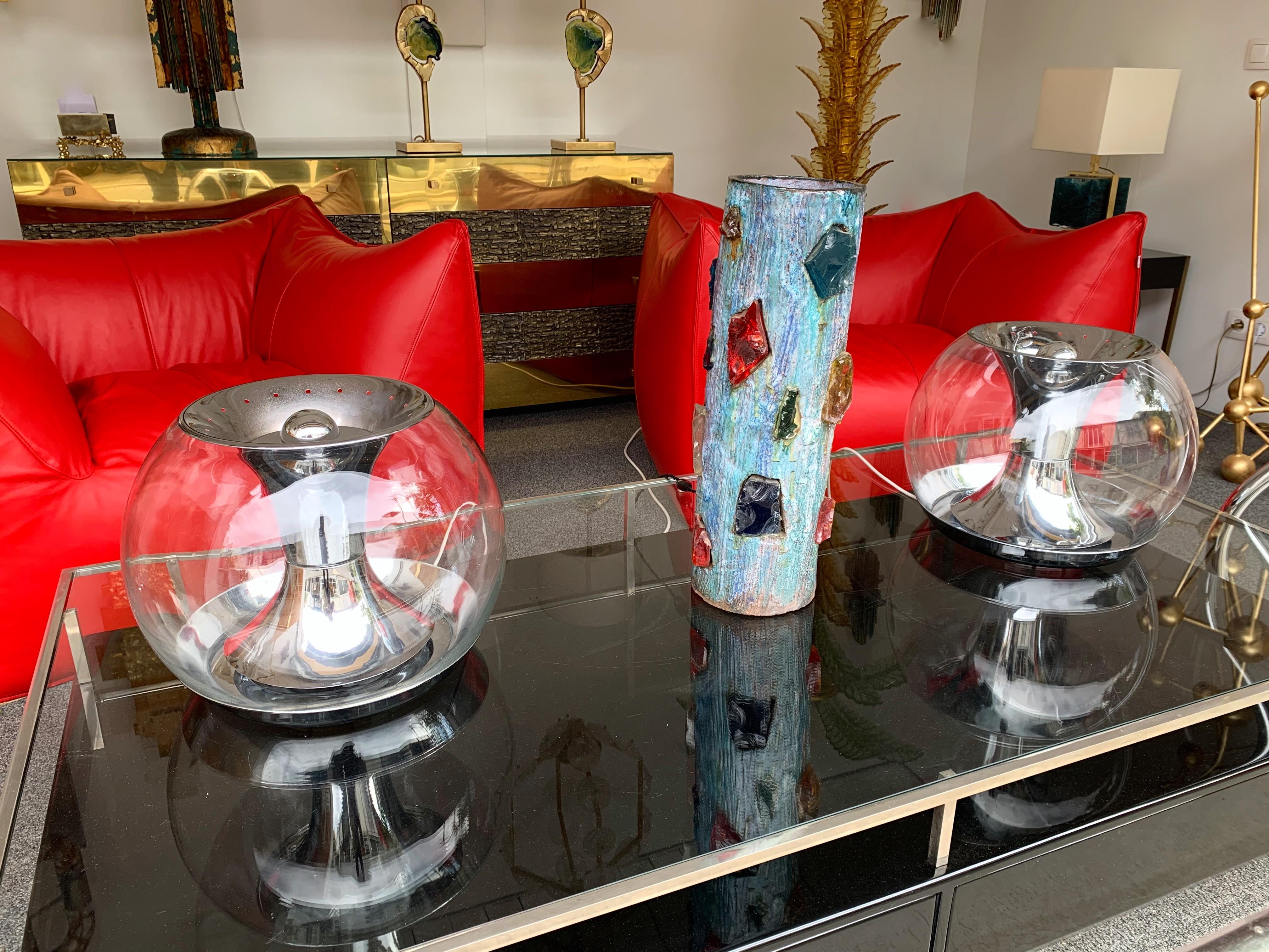 Pair of Ball Lamps Metal and Glass T417 by Luci, Italy, 1970s 5