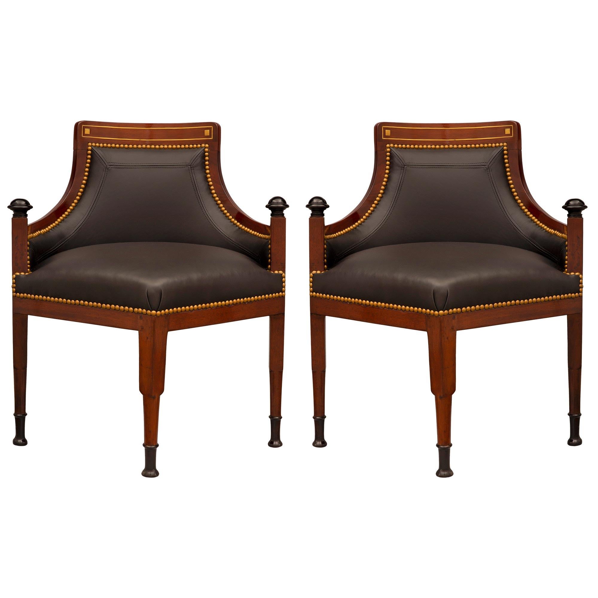 Pair Of Baltic 19th Century Neo-Classical St. Walnut, Fruitwood And Brass Chairs For Sale