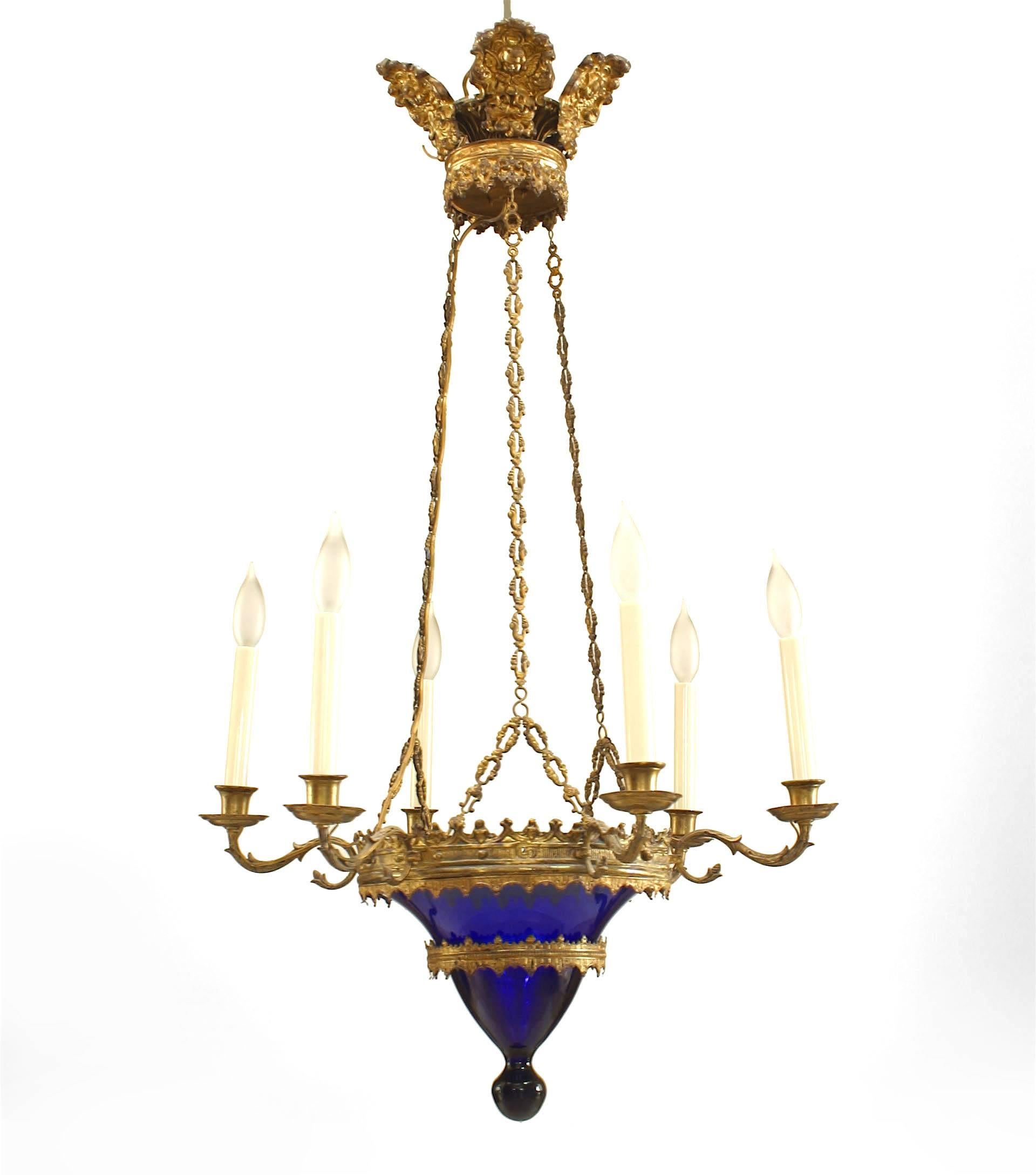 2 Continental Baltic gilt bronze chandeliers with blue glass bowl and finial bottom set in a bronze ring. 6 upturned arms and suspended by 3 chains. (PRICED EACH)

