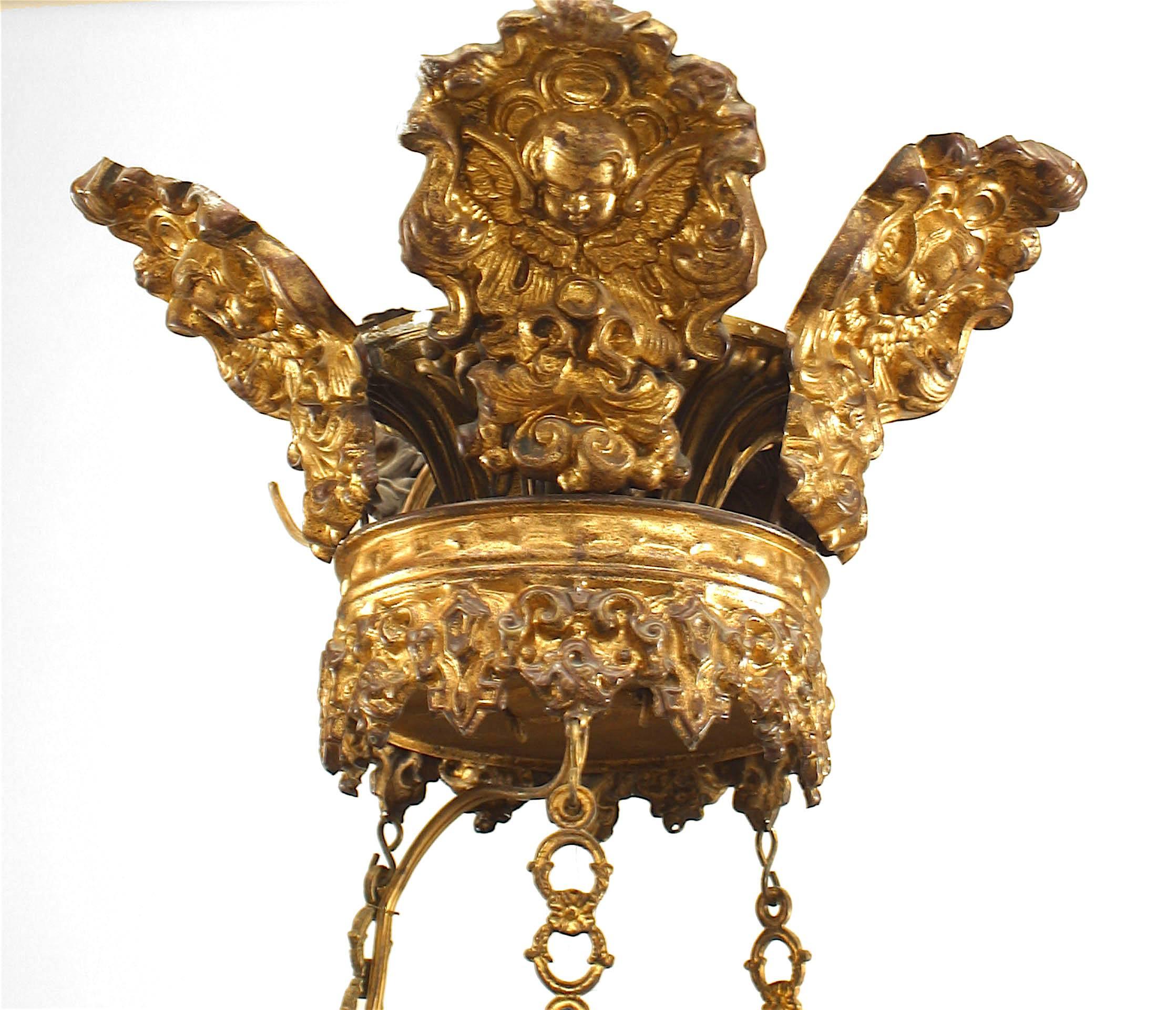 Swedish 2 Continental Baltic Gilt Bronze and Blue Glass Chandeliers For Sale