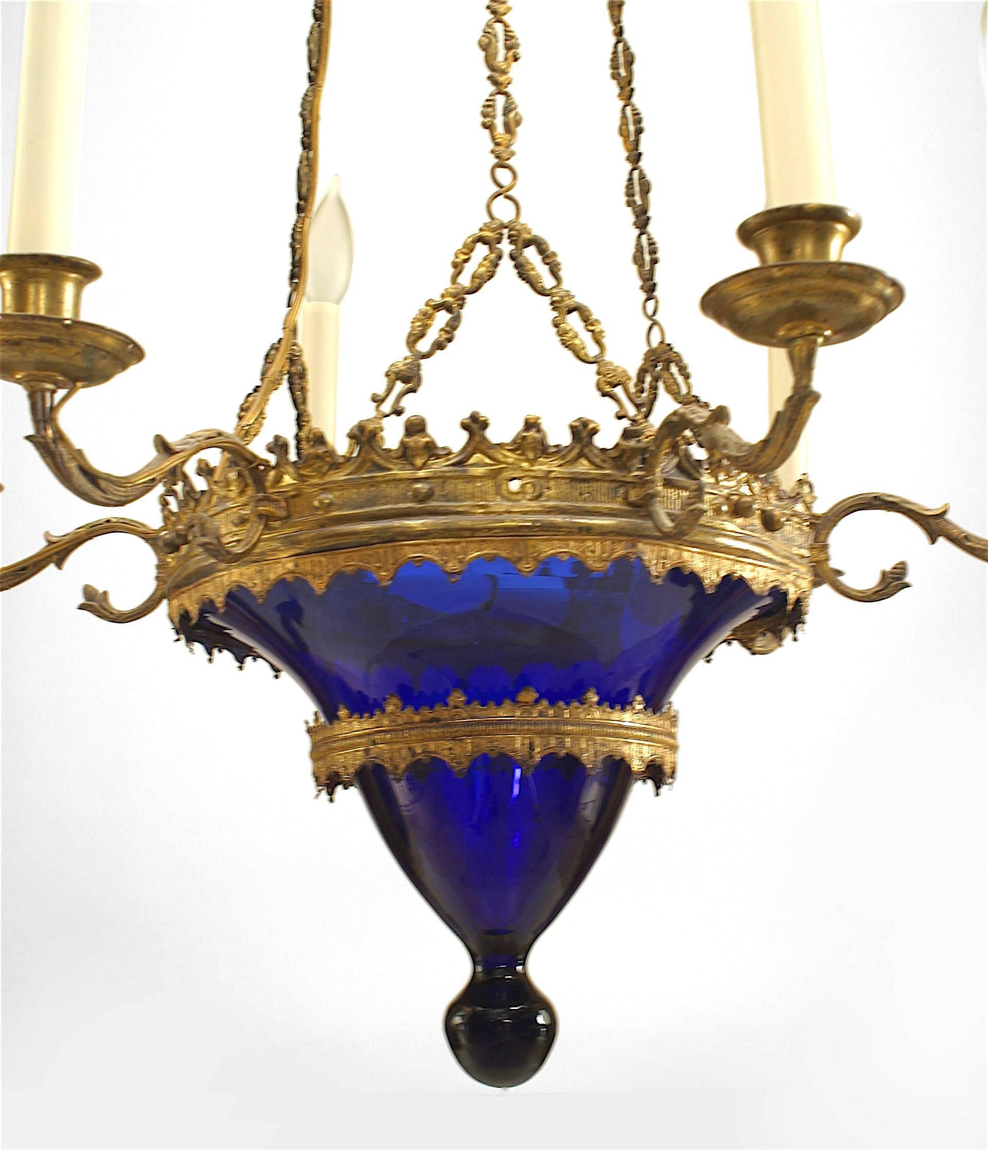 2 Continental Baltic Gilt Bronze and Blue Glass Chandeliers In Good Condition For Sale In New York, NY