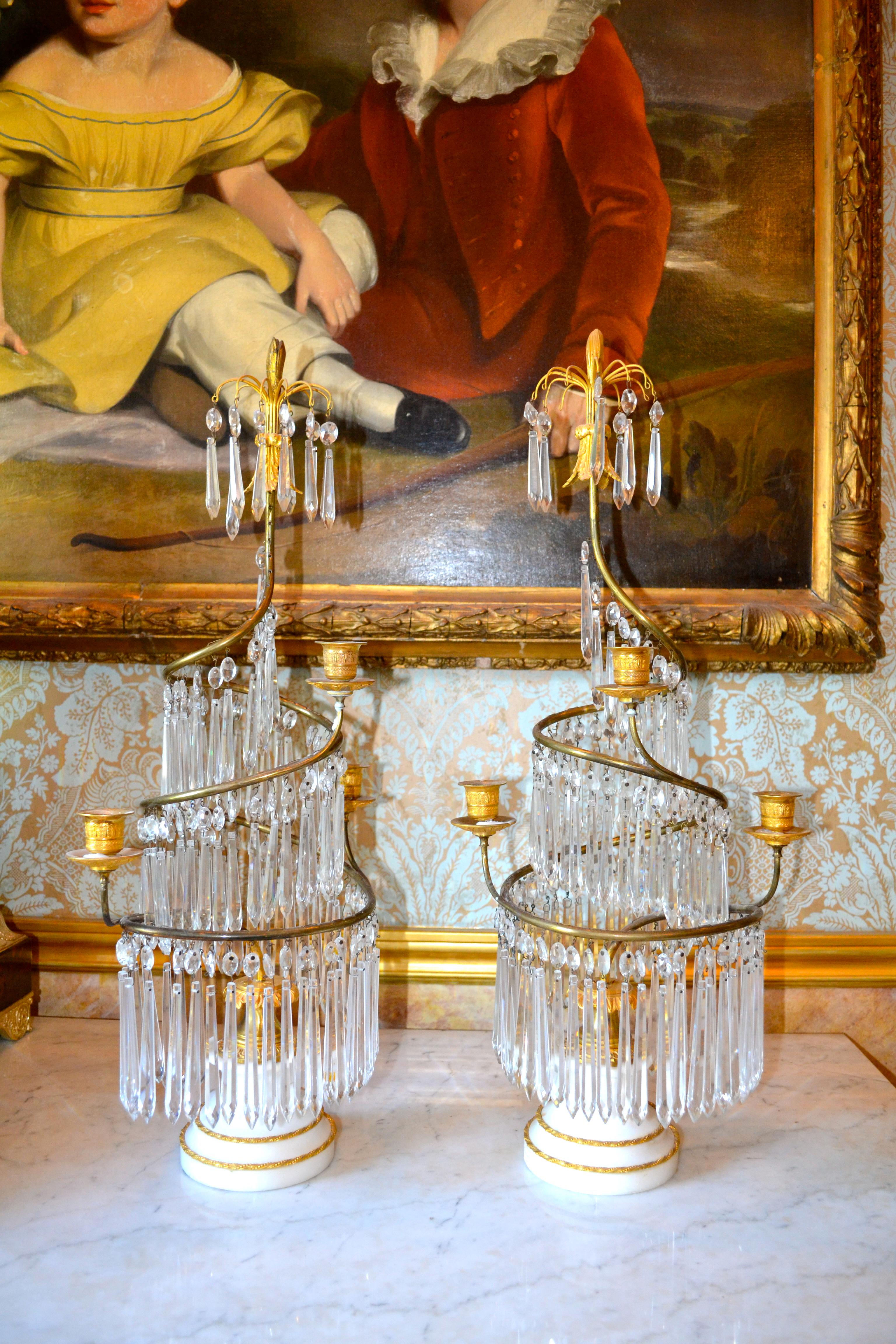 Hand-Carved Pair of Baltic Crystal and Marble Girandoles 'Candelabra'