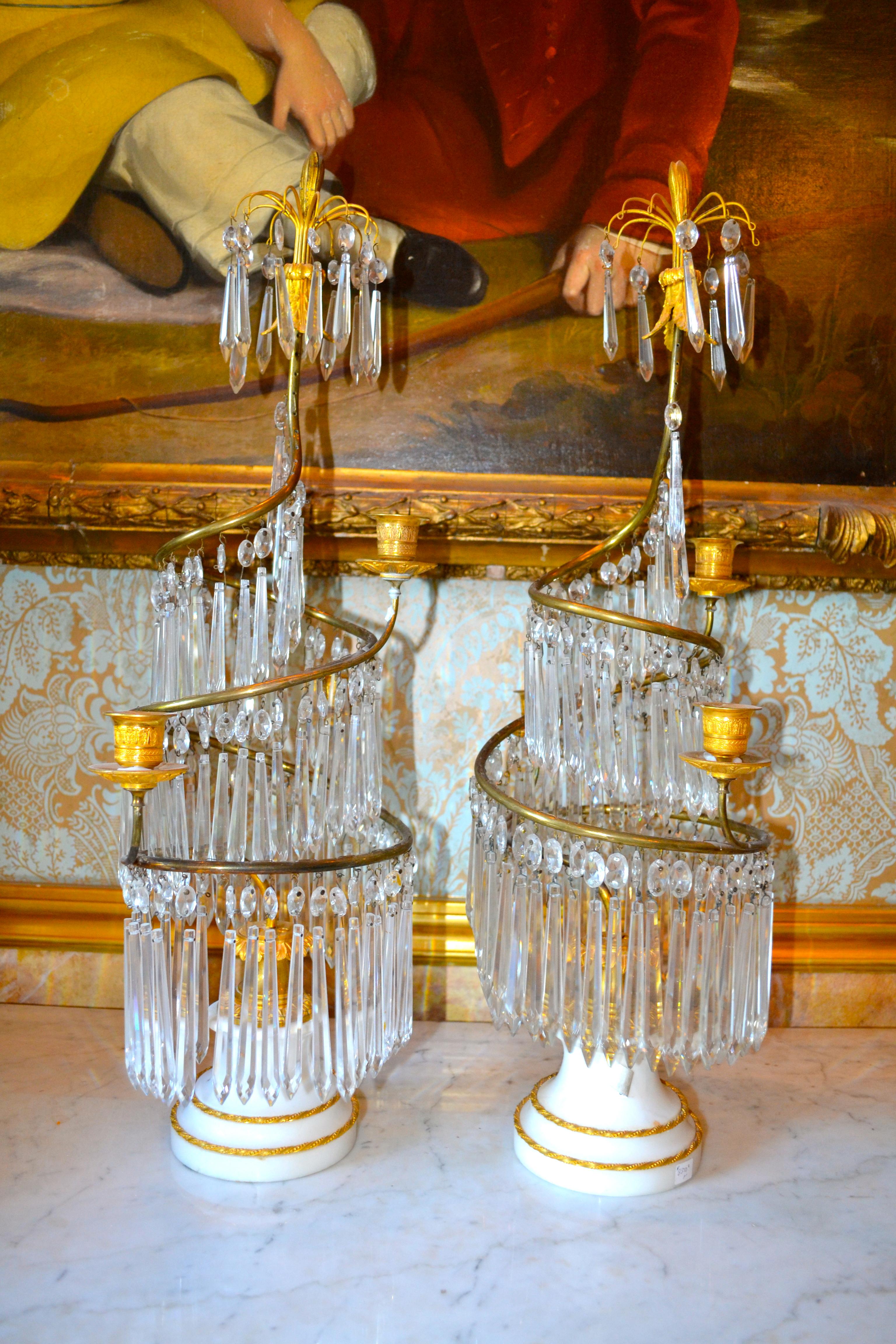 Pair of Baltic Crystal and Marble Girandoles 'Candelabra' In Good Condition In Vancouver, British Columbia