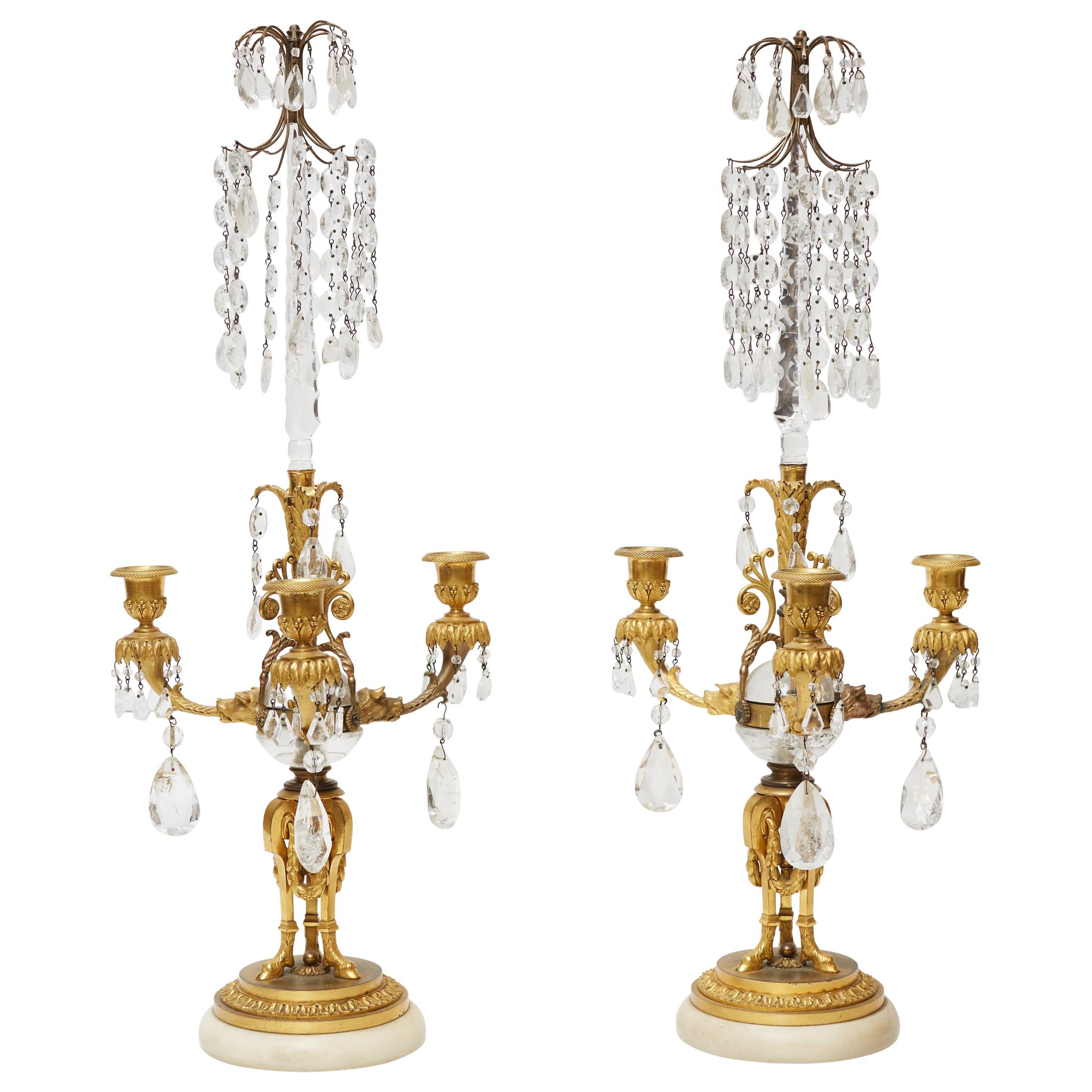 Pair of Baltic Gilt Bronze and Rock Crystal Girandole Candelabras