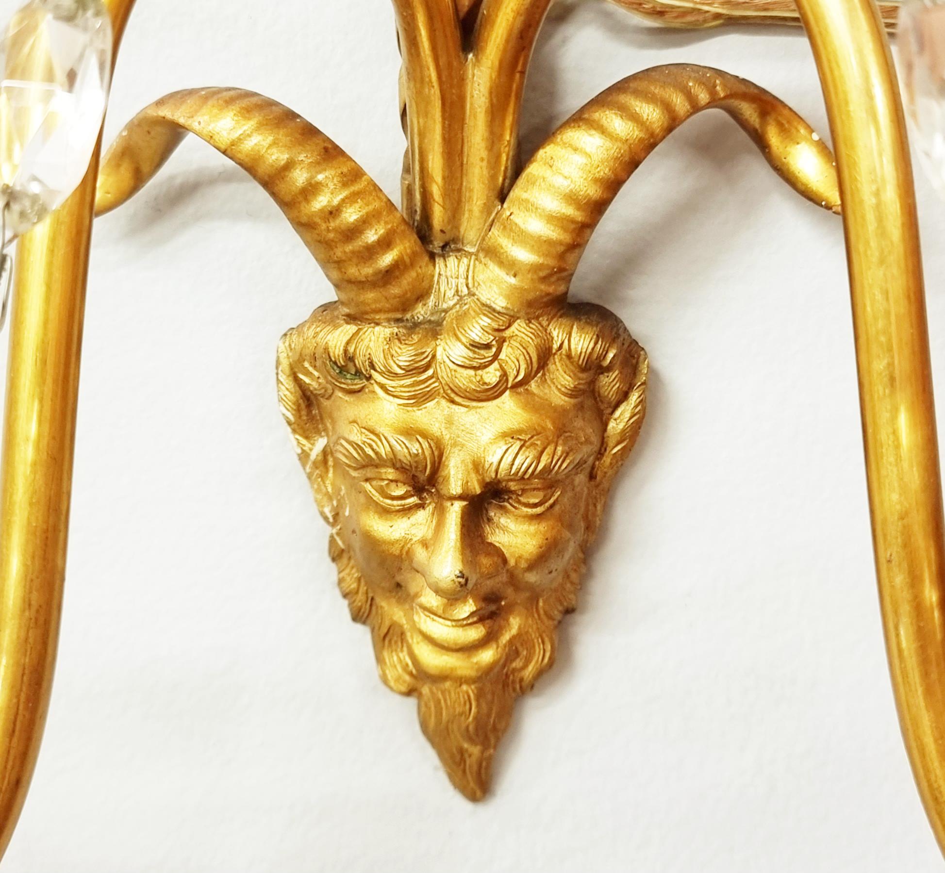 Bronze Pair of Baltic Gilt Satyr Faun Head Wall Sconces, Late 19th / Early 20th Century For Sale