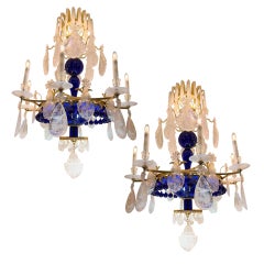 Pair of Baltic Neoclassical Rock Crystal, Ormolu & Cobalt Chandeliers