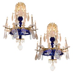 Pair of Baltic Neoclassical Rock Crystal, Ormolu & Cobalt Chandeliers
