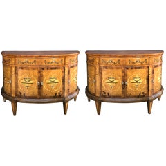 Pair of Baltic Neoclassical Style Marquetry Inlaid Demilune Cabinets