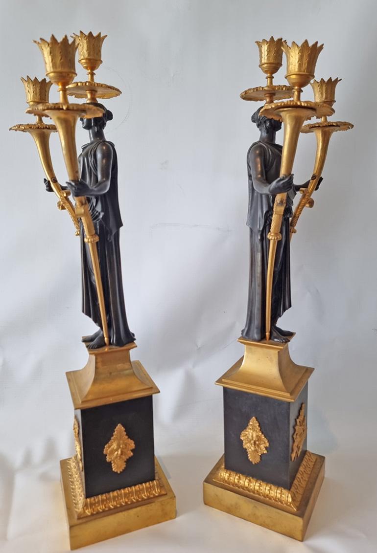 Patinated Pair of Baltic or Russian patinated bronze and ormolu figural candelabra For Sale