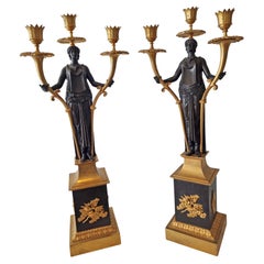 Paar figurale baltische oder russische Kandelaber aus patinierter Bronze und Goldbronze