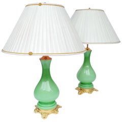 Antique Pair of Baluster Shape Lamps in Green Opaline, circa 1880