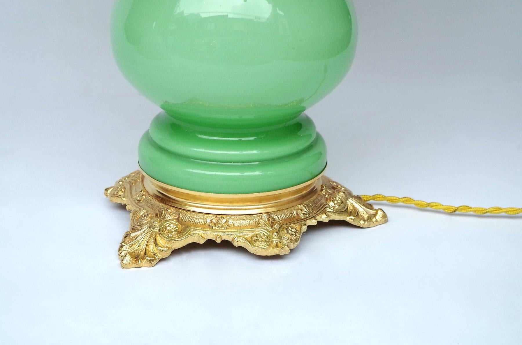 Napoleon III Pair of Baluster Shape Lamps in Green Opaline, circa 1880