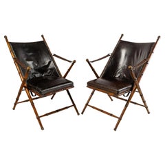 Pair of Bamboo and Black Leather Officer's Armchairs, 1950.