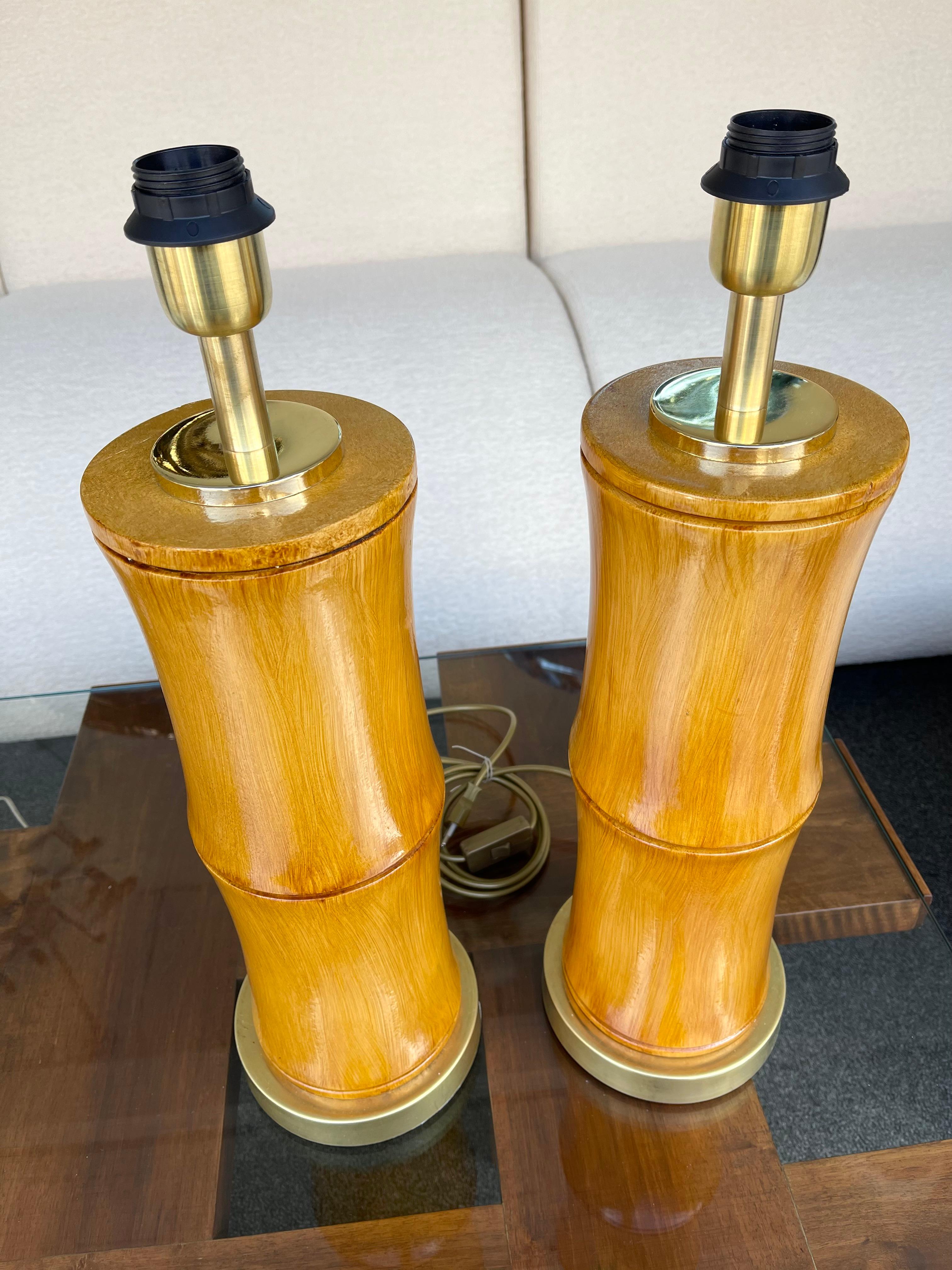 Pair of Bamboo and Brass Lamps, Italy For Sale 6
