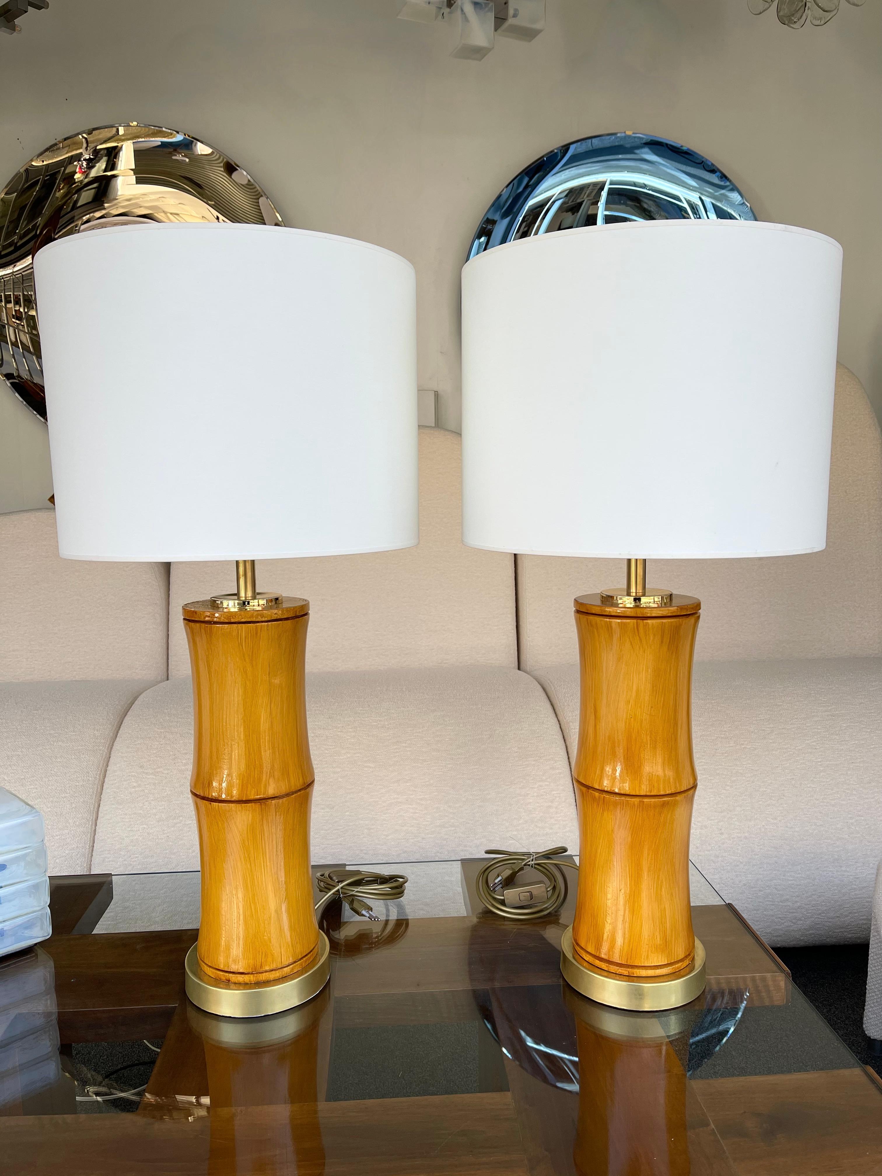Pair of Bamboo and Brass Lamps, Italy In Good Condition For Sale In SAINT-OUEN, FR