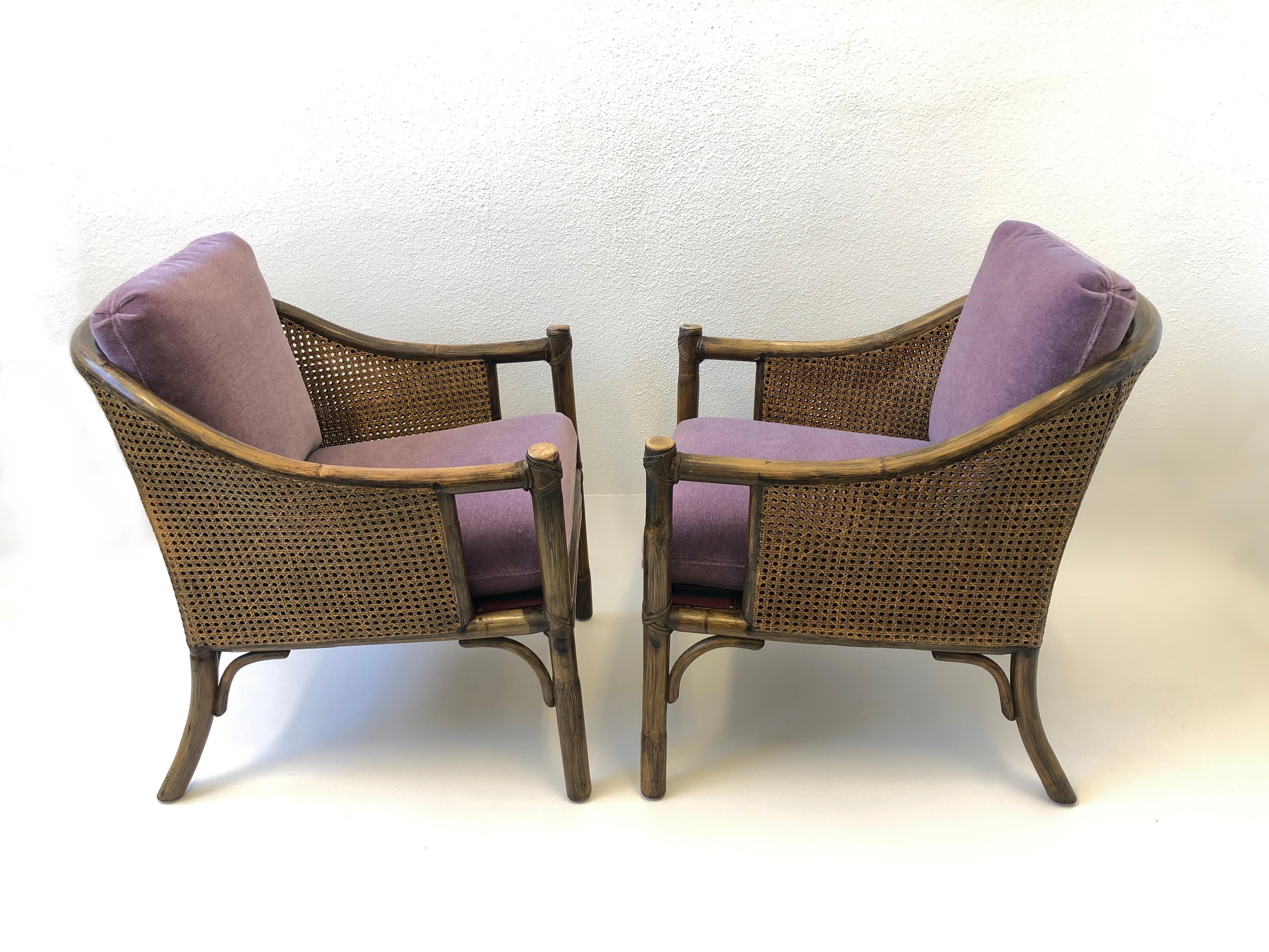 Hollywood Regency Pair of Bamboo and Cane Lounge Chairs by McGuire
