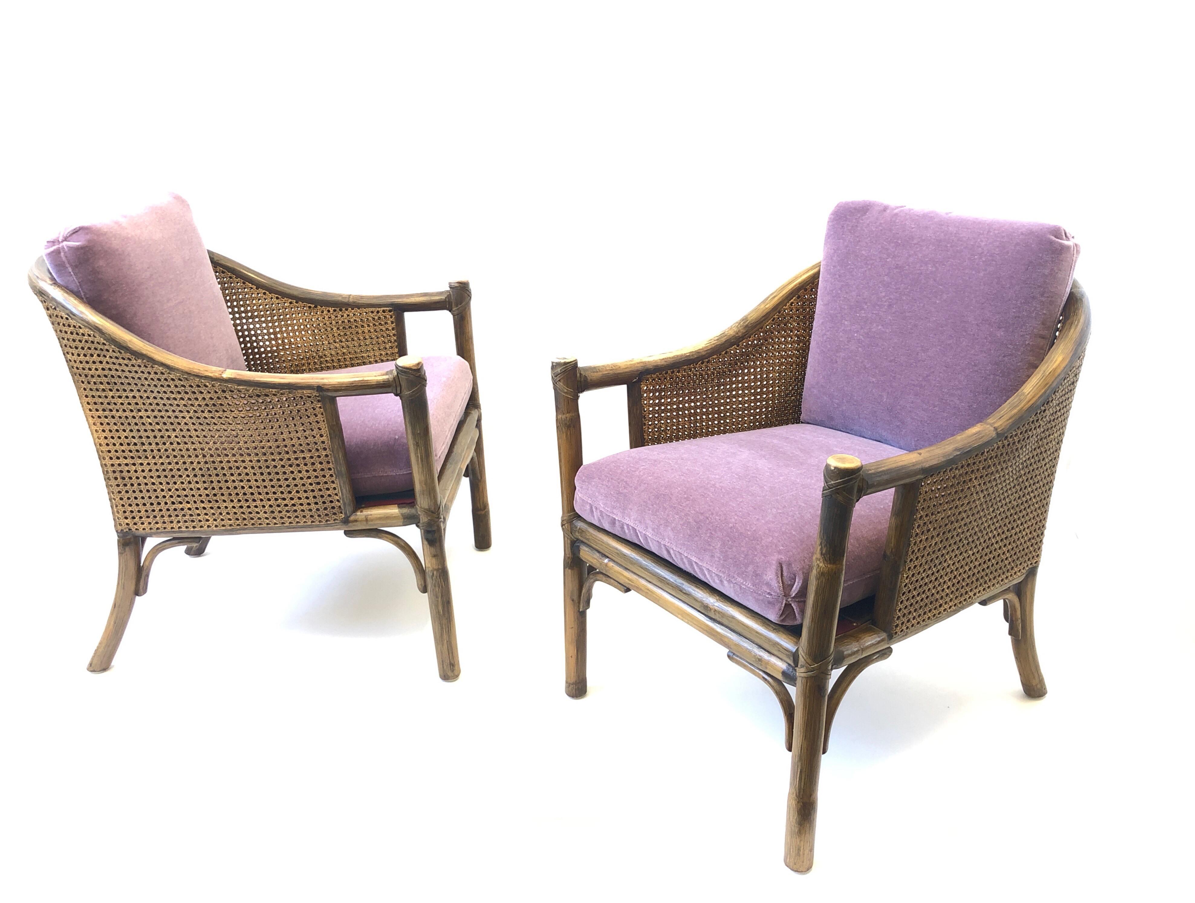 Stained Pair of Bamboo and Cane Lounge Chairs by McGuire