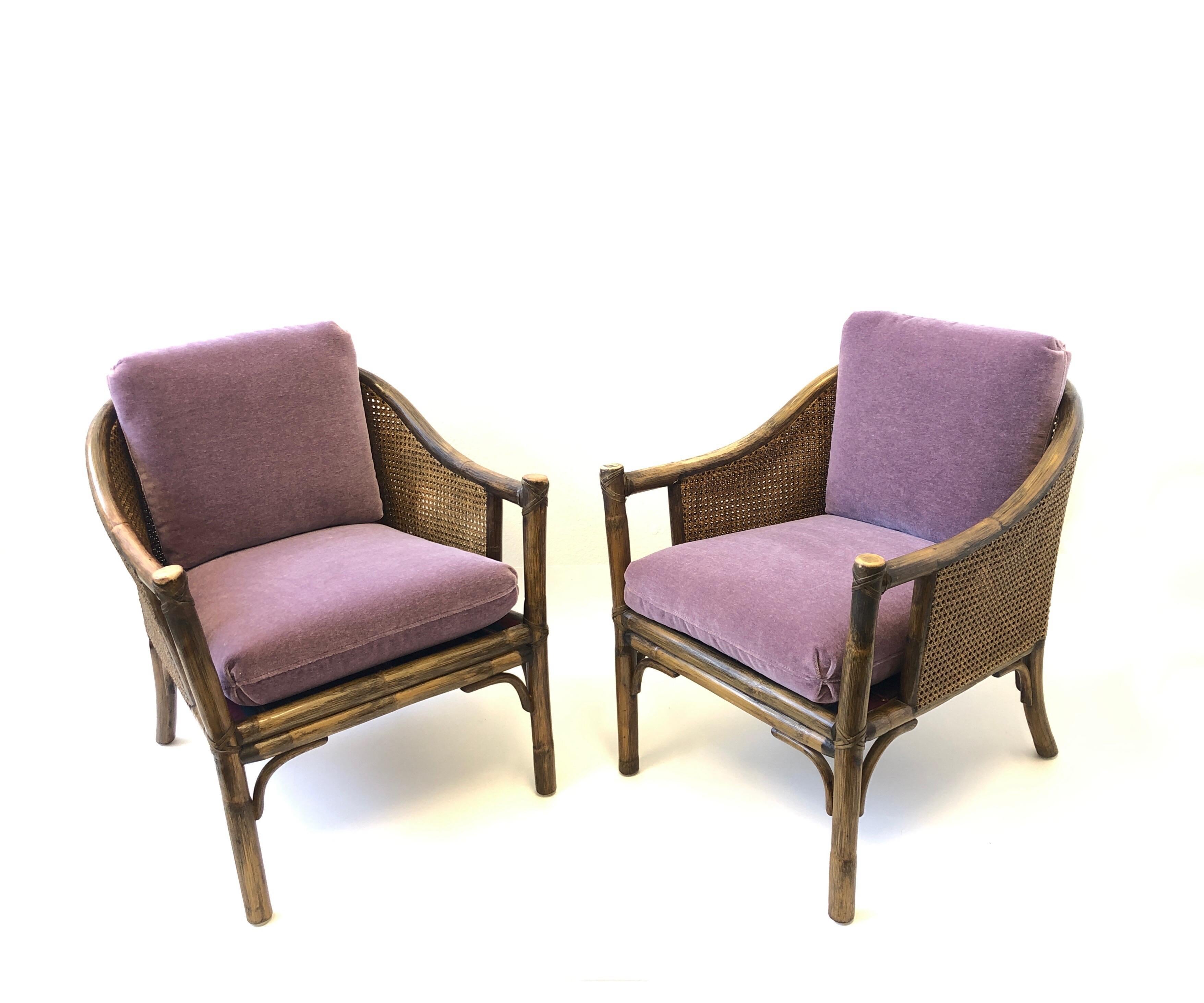 Pair of Bamboo and Cane Lounge Chairs by McGuire 1