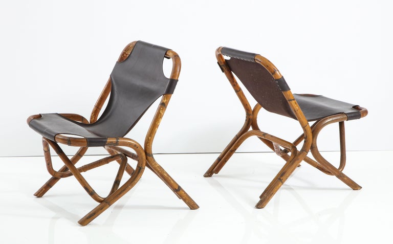 Pair of Bamboo and Dark Brown Leather Sling Chairs by Tito Agnoli, Italy, 1960 For Sale 3