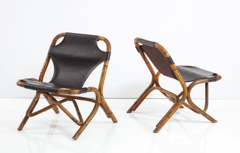Pair of Bamboo and Dark Brown Leather Sling Chairs by Tito Agnoli, Italy, 1960 For Sale 4