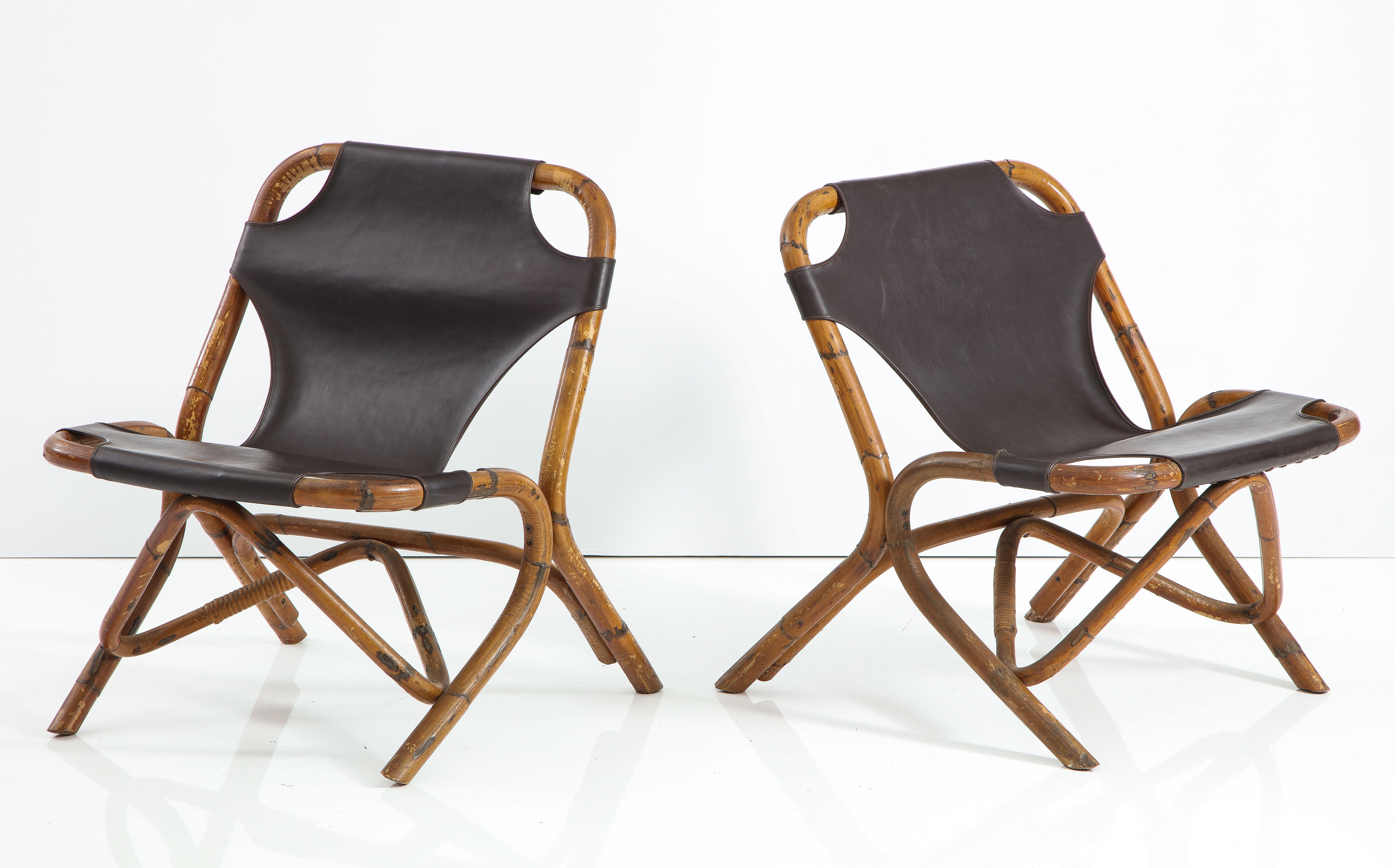 Pair of Bamboo and Dark Brown Leather Sling Chairs by Tito Agnoli, Italy, 1960 For Sale 2