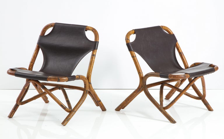 Pair of Bamboo and Dark Brown Leather Sling Chairs by Tito Agnoli, Italy, 1960 For Sale 5