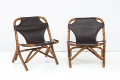 Pair of Bamboo and Dark Brown Leather Sling Chairs by Tito Agnoli, Italy, 1960