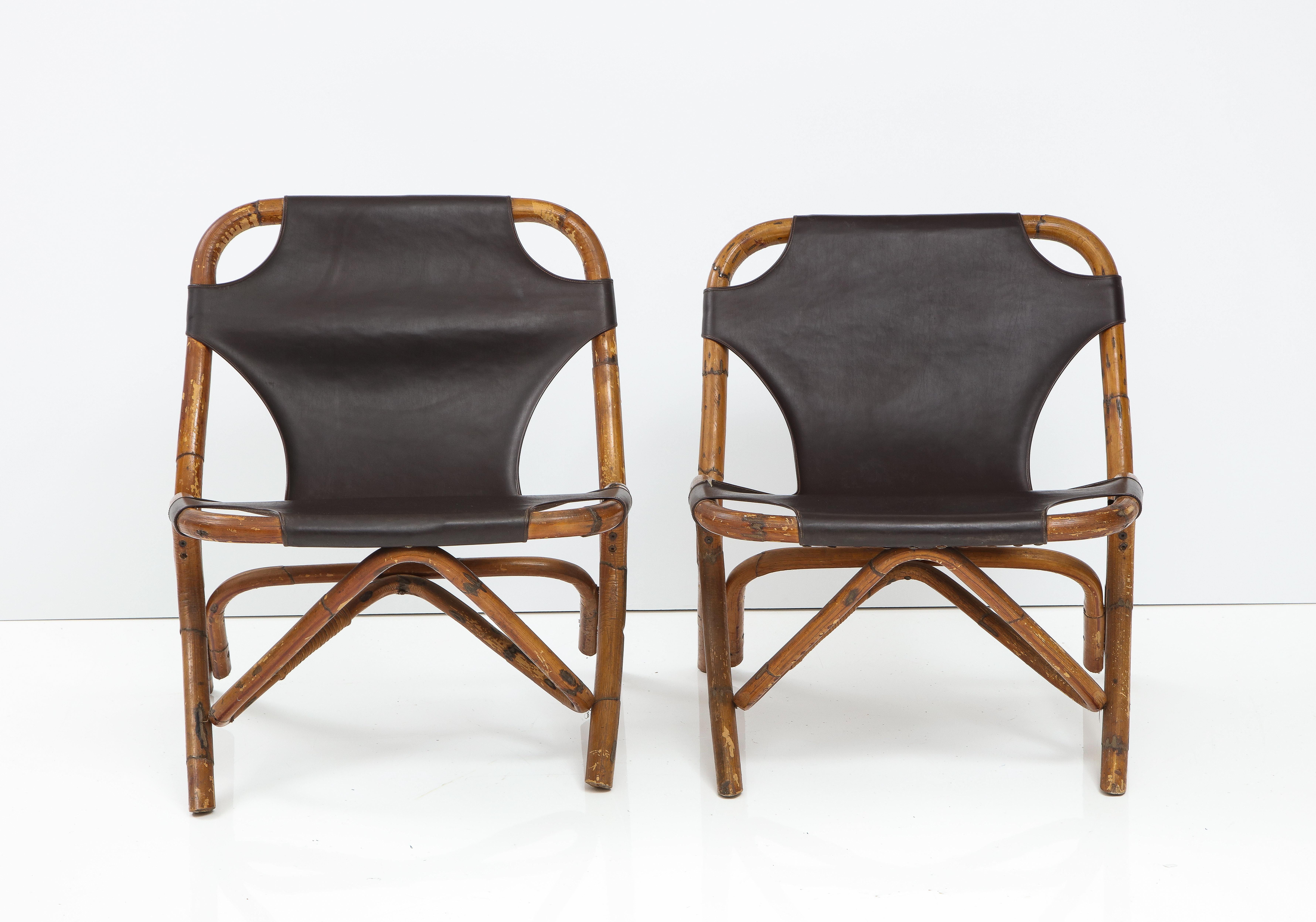 Ein Paar Sling Chairs aus Bambus und dunkelbraunem Leder von Tito Agnoli, Italien, 1960 (Moderne der Mitte des Jahrhunderts) im Angebot