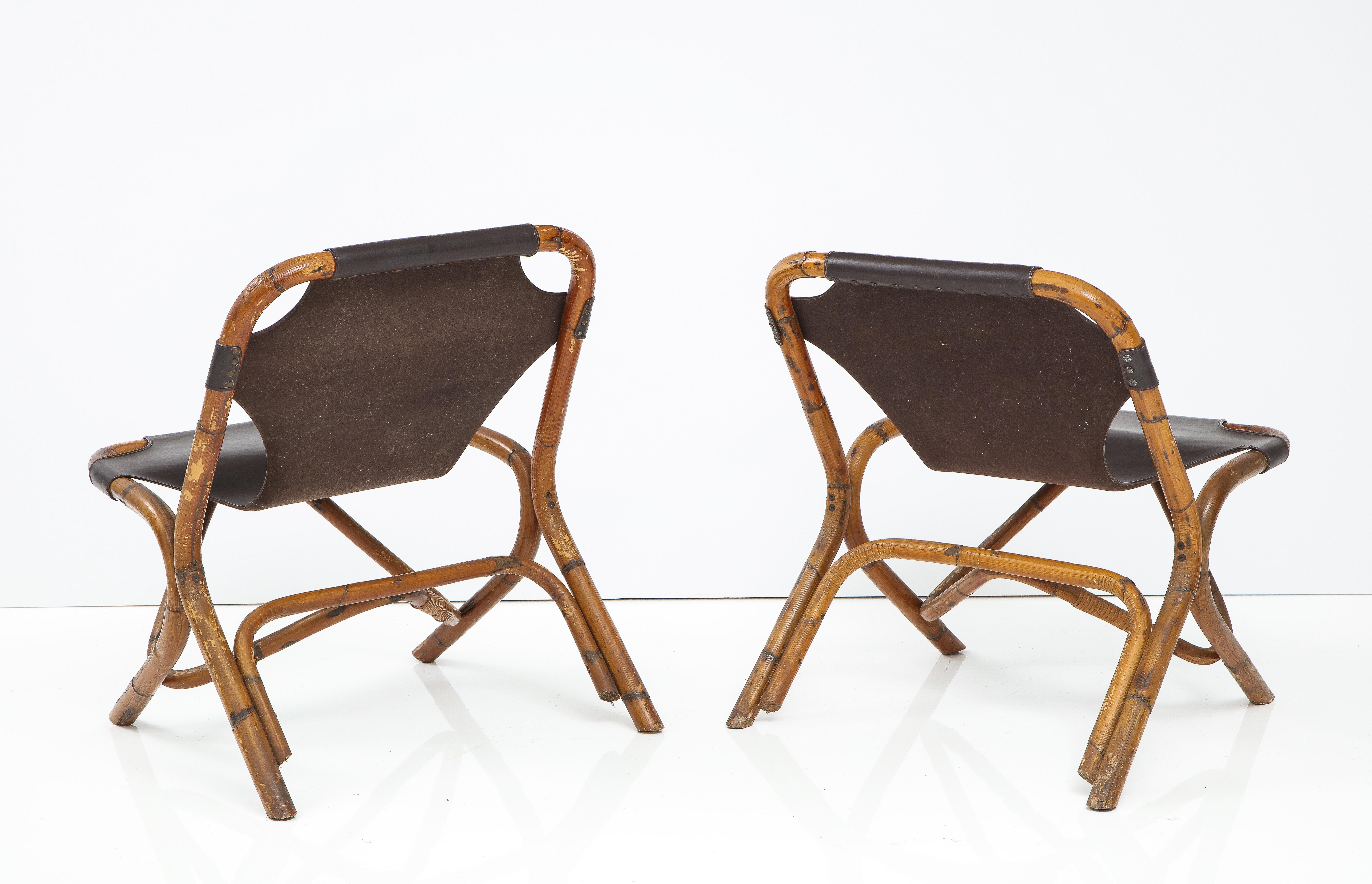 Mid-Century Modern Pair of Bamboo and Dark Brown Leather Sling Chairs by Tito Agnoli, Italy, 1960