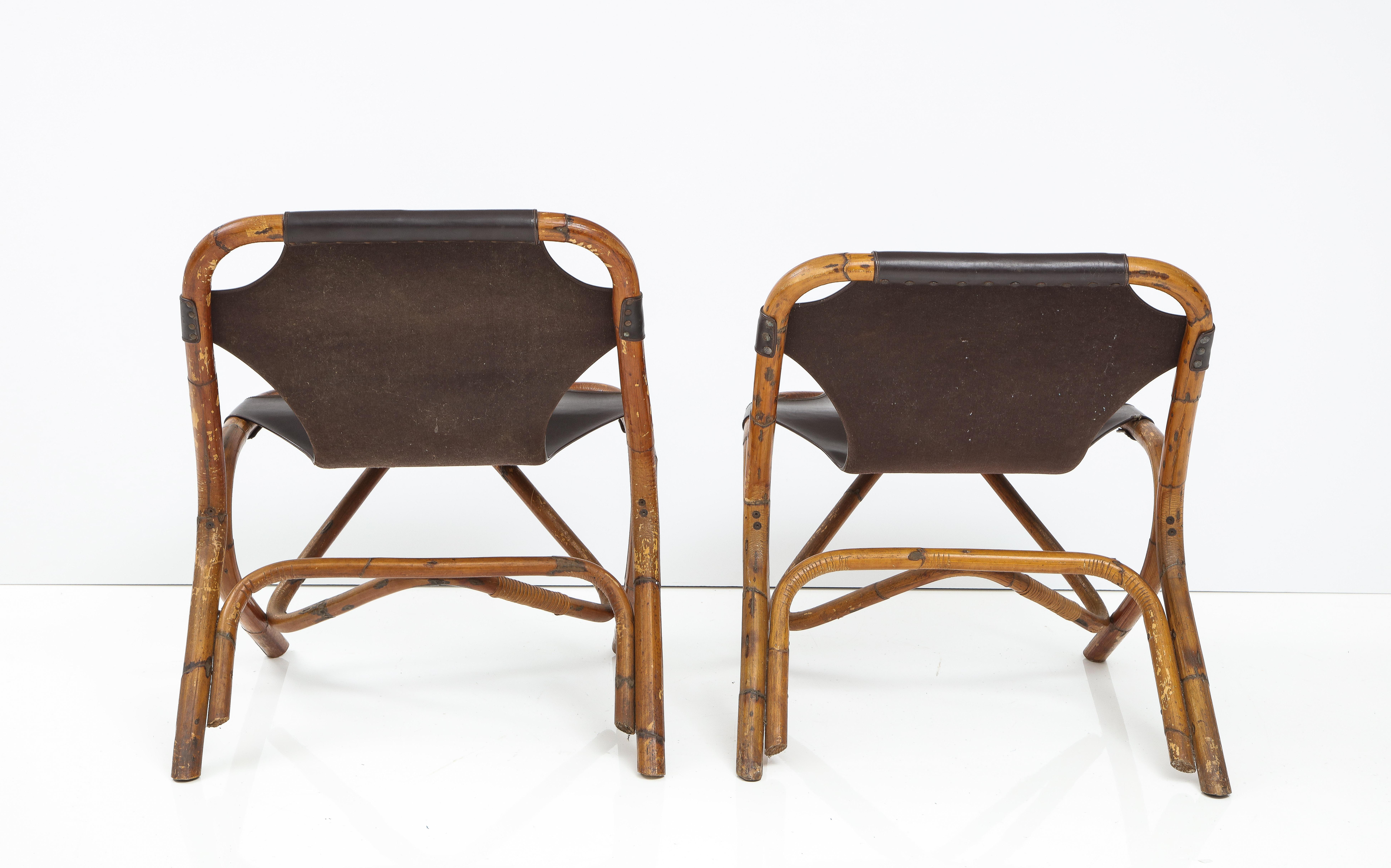 Italian Pair of Bamboo and Dark Brown Leather Sling Chairs by Tito Agnoli, Italy, 1960 For Sale