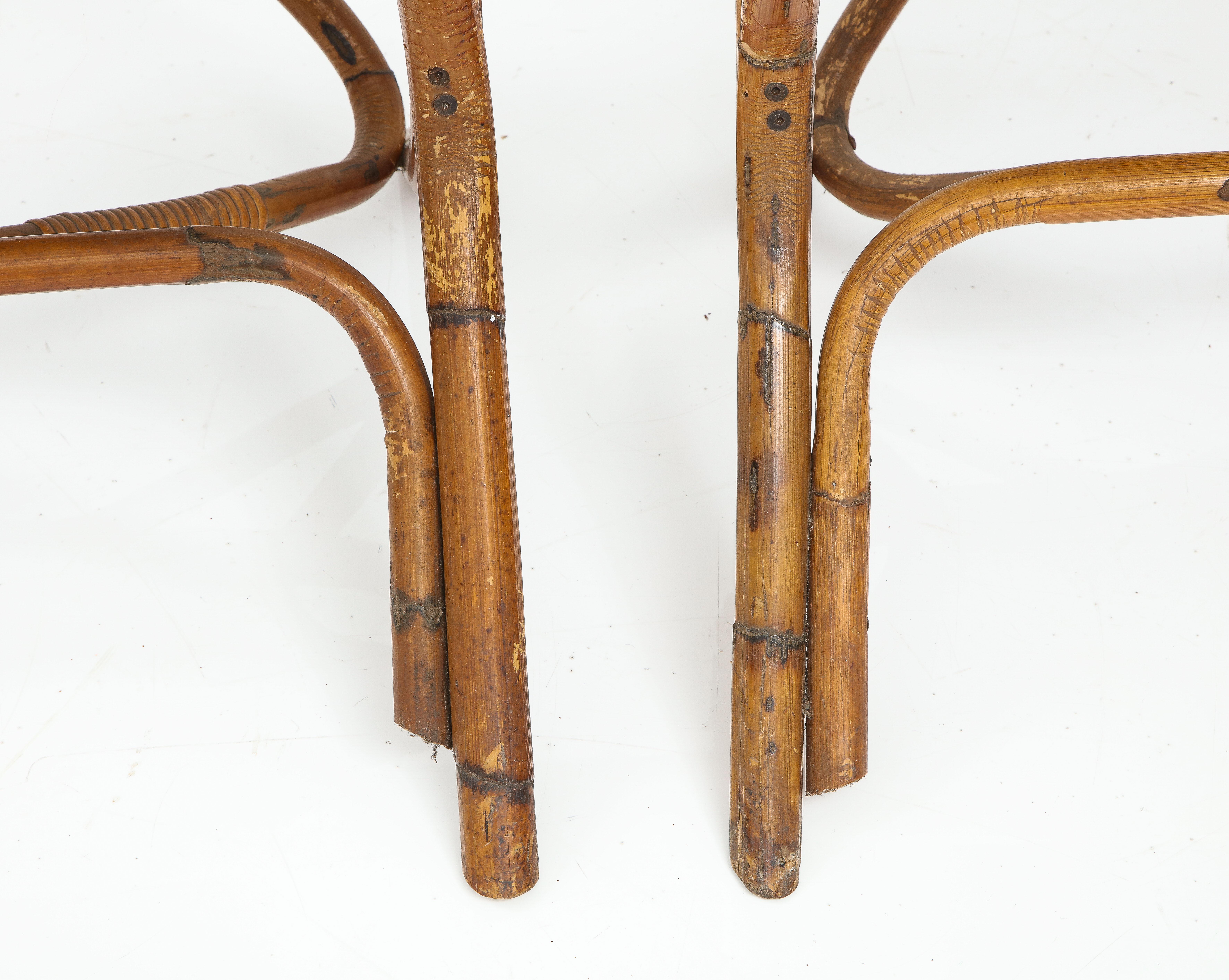 Hand-Crafted Pair of Bamboo and Dark Brown Leather Sling Chairs by Tito Agnoli, Italy, 1960 For Sale