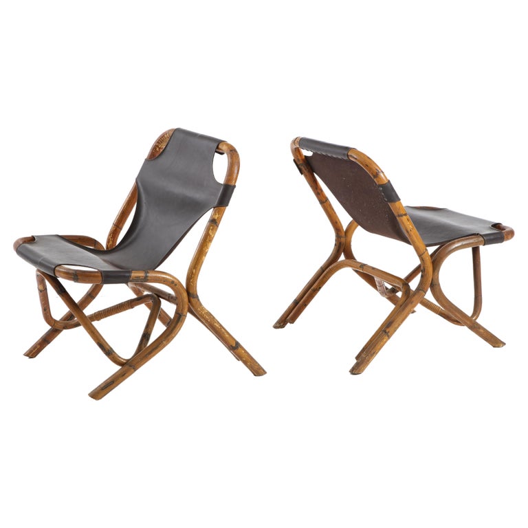 Pair of Bamboo and Dark Brown Leather Sling Chairs by Tito Agnoli, Italy, 1960 For Sale