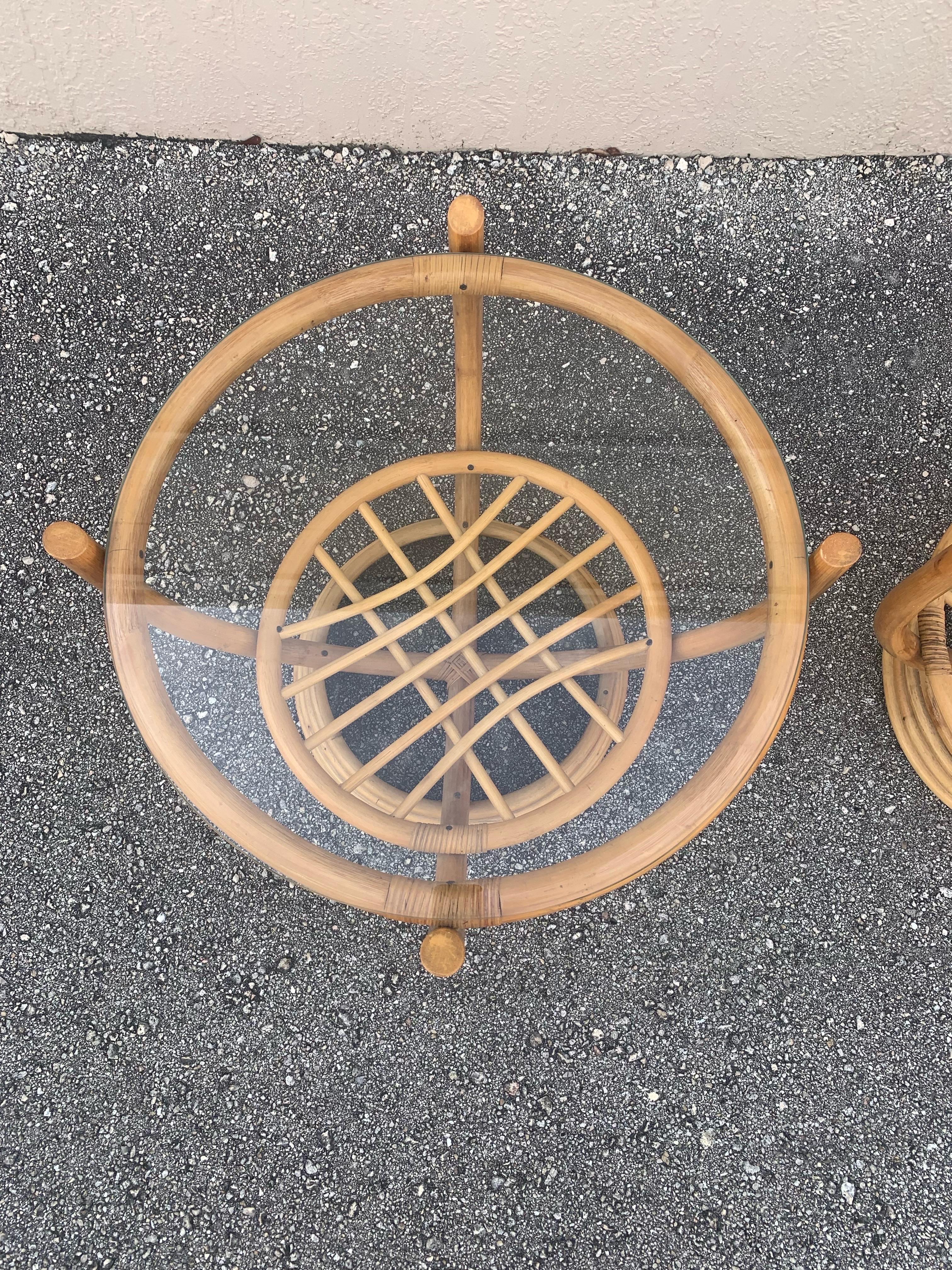 Bohemian Pair of Bamboo and Glass Italian Style End Tables