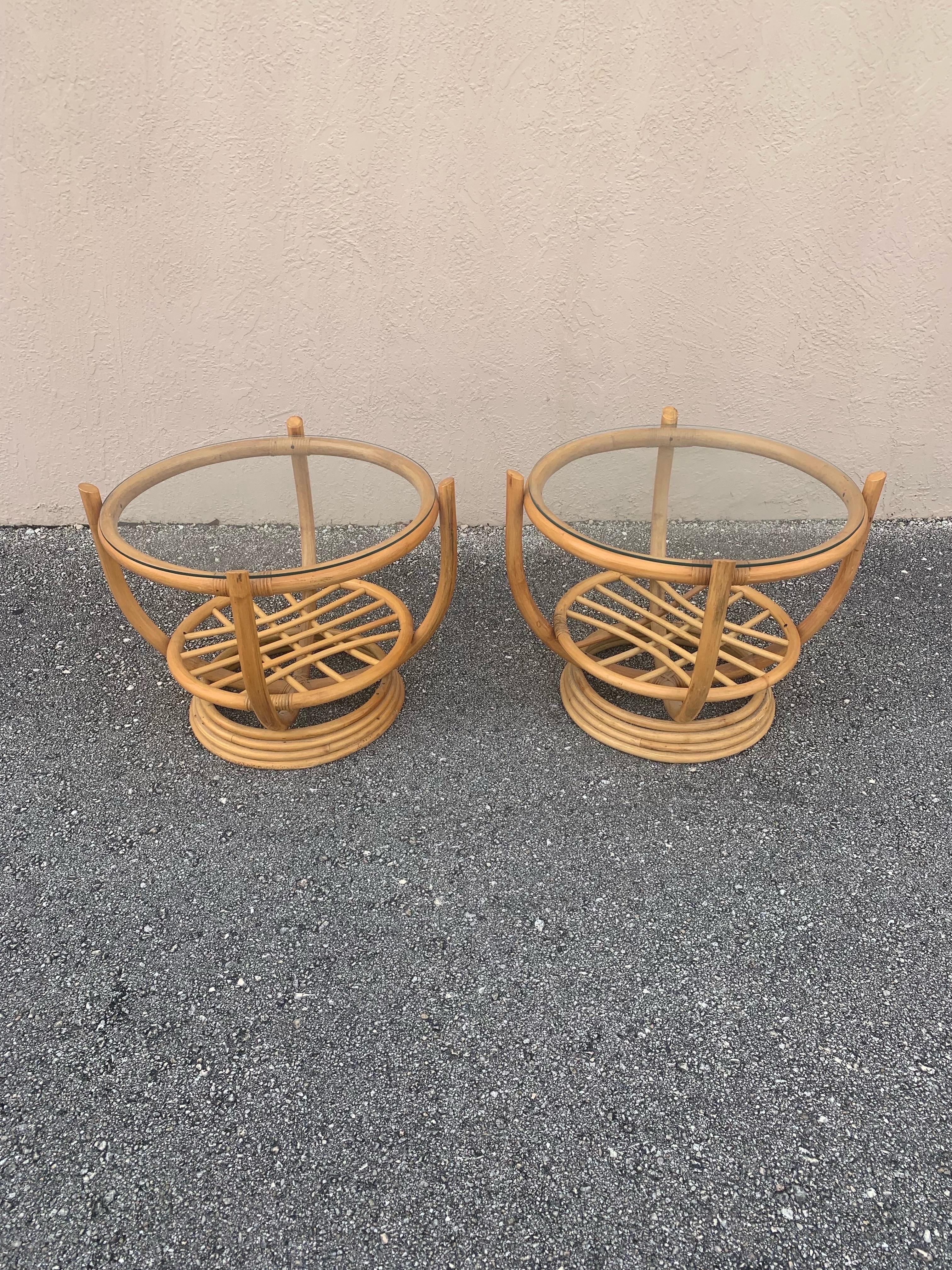 Pair of Bamboo and Glass Italian Style End Tables In Good Condition In Boynton Beach, FL